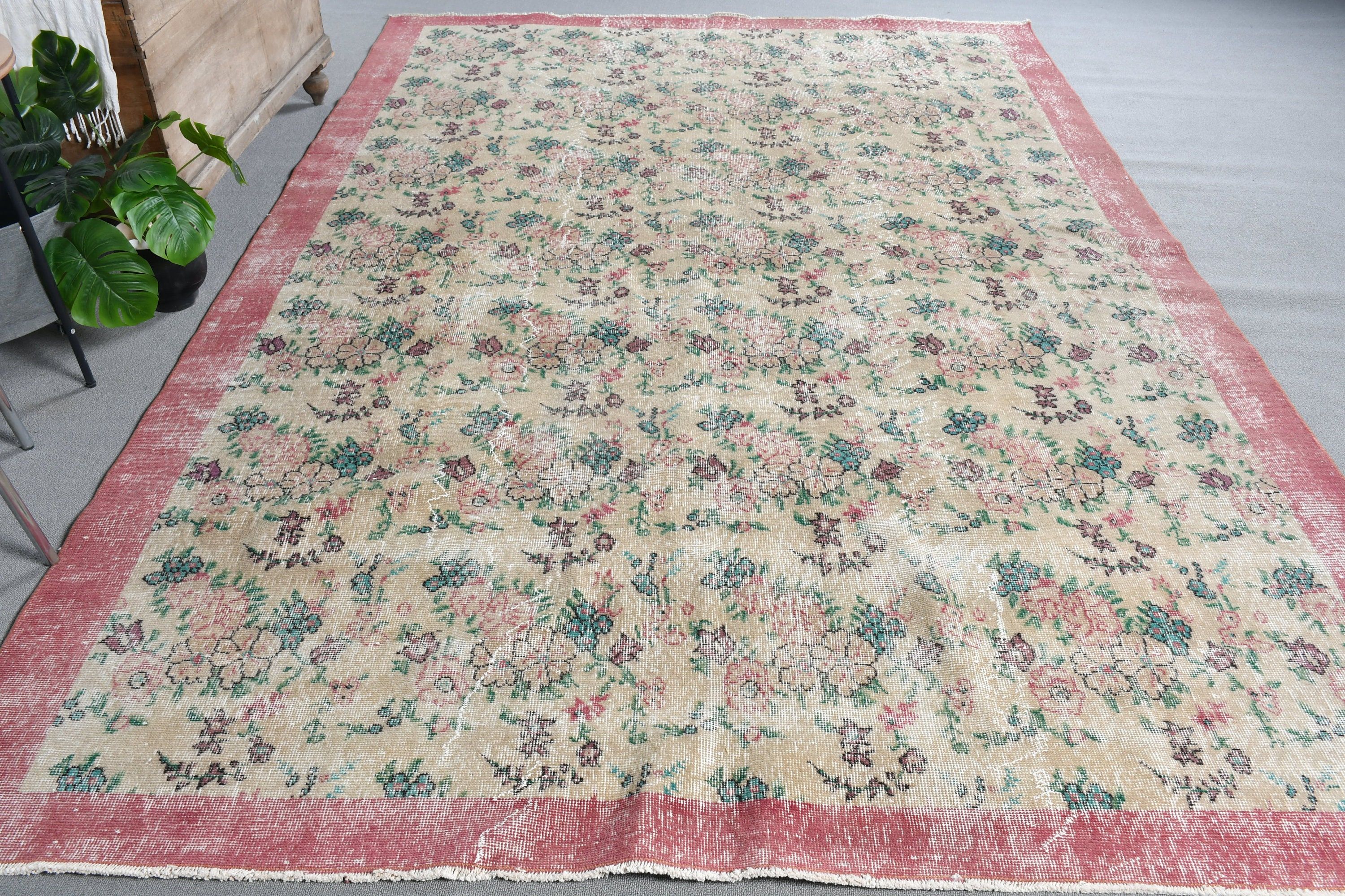 Moroccan Rug, Salon Rug, Dining Room Rug, Oushak Rug, Vintage Rugs, Retro Rug, 7.1x10.5 ft Oversize Rug, Beige Bedroom Rugs, Turkish Rug