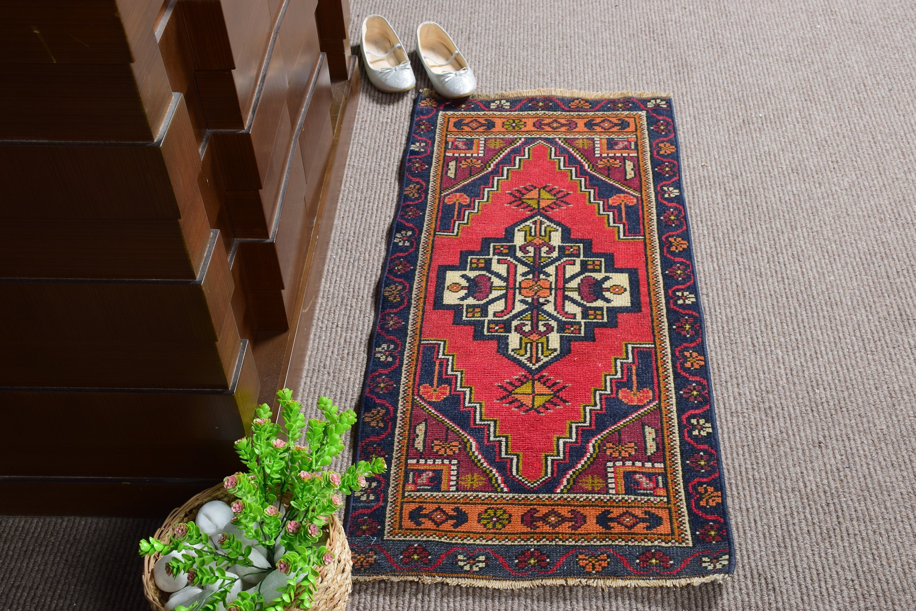 Kitchen Rug, Vintage Rugs, Rugs for Wall Hanging, Floor Rug, Door Mat Rug, Red Floor Rug, Turkish Rugs, 1.6x3.4 ft Small Rug, Oushak Rug