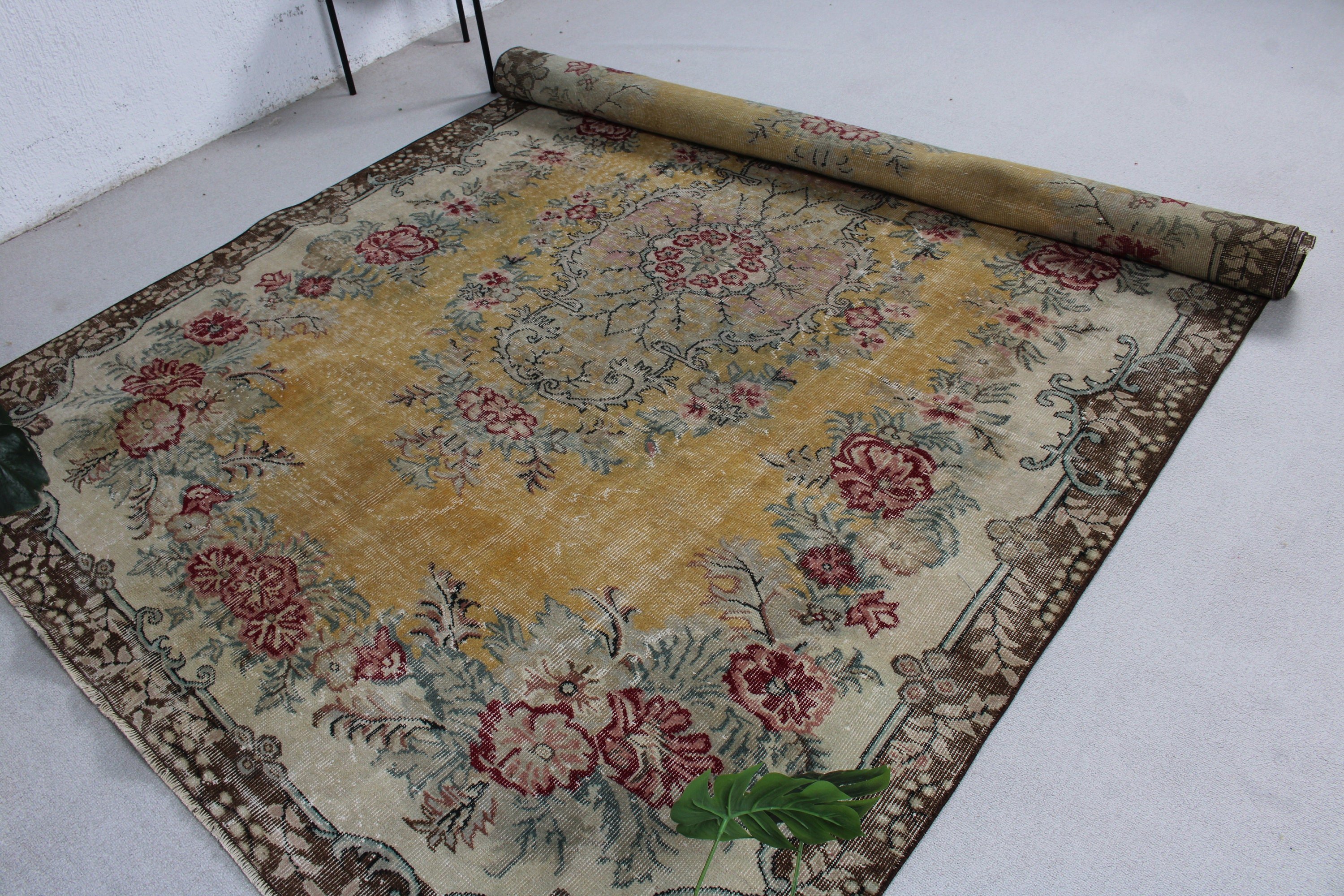 6.7x10 ft Büyük Halı, Vintage Halı, Geometrik Halılar, Türk Halıları, Oushak Halısı, Kahverengi Fas Halısı, Büyük Oushak Halıları, Büyük Boho Halısı