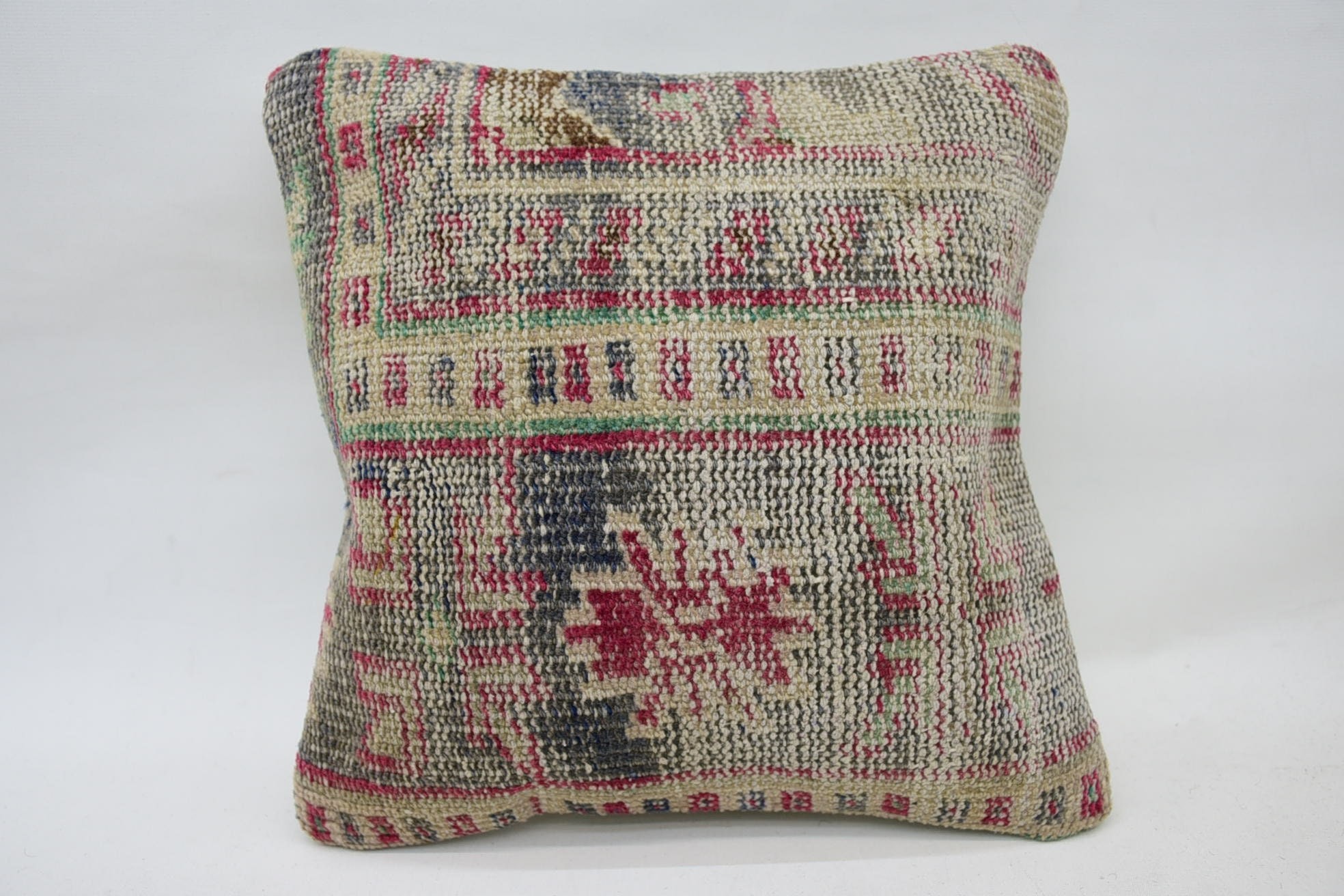 Kilim Cushion Sham, Knitted Pillow Sham, 14"x14" Beige Cushion, Handmade Kilim Cushion, Yoga Cushion Case, Vintage Pillow