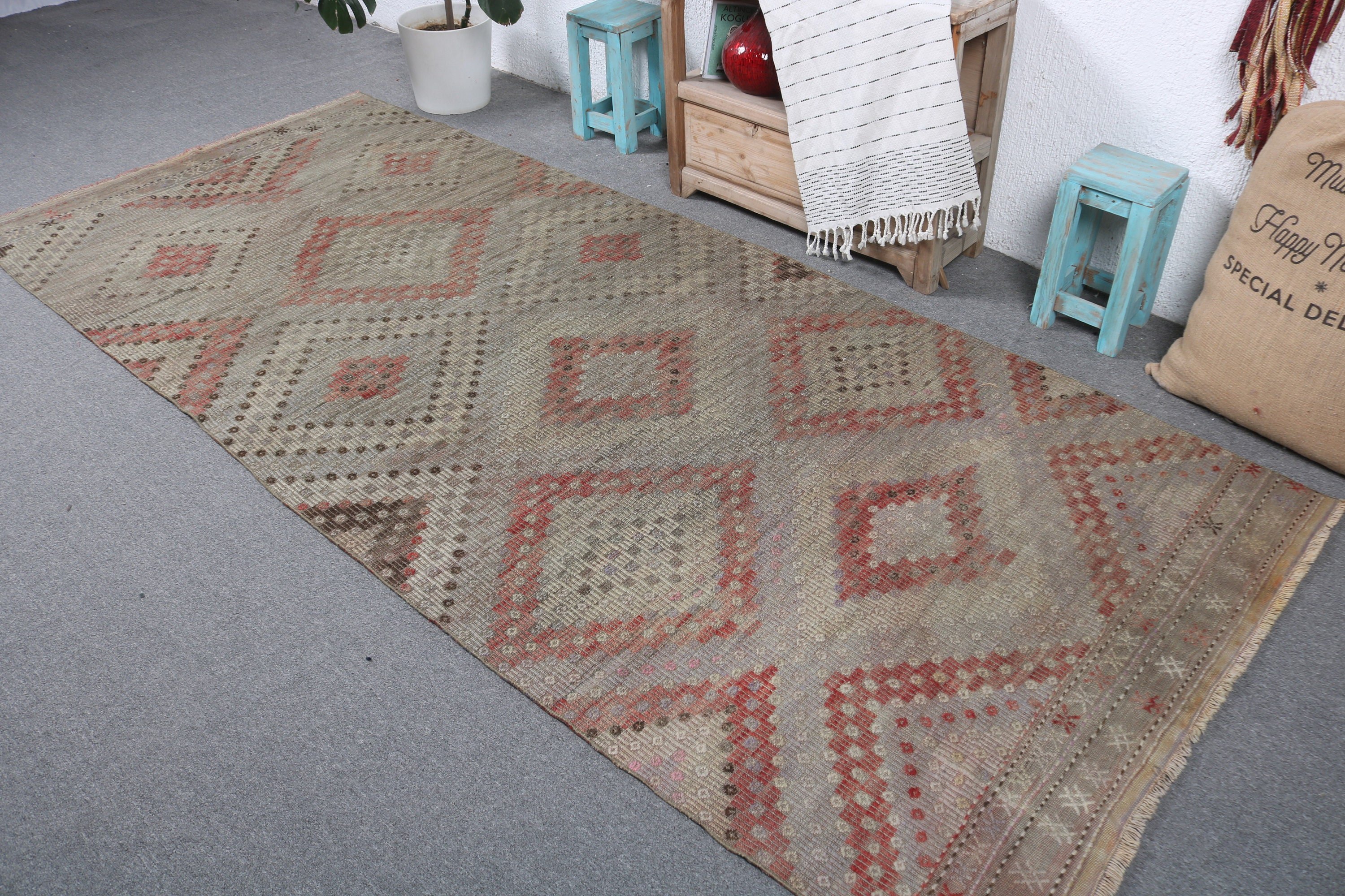 Kitchen Rugs, 4.1x9.7 ft Area Rugs, Kilim, Vintage Rugs, Living Room Rugs, Floor Rugs, Green Handwoven Rug, Oushak Rug, Turkish Rug