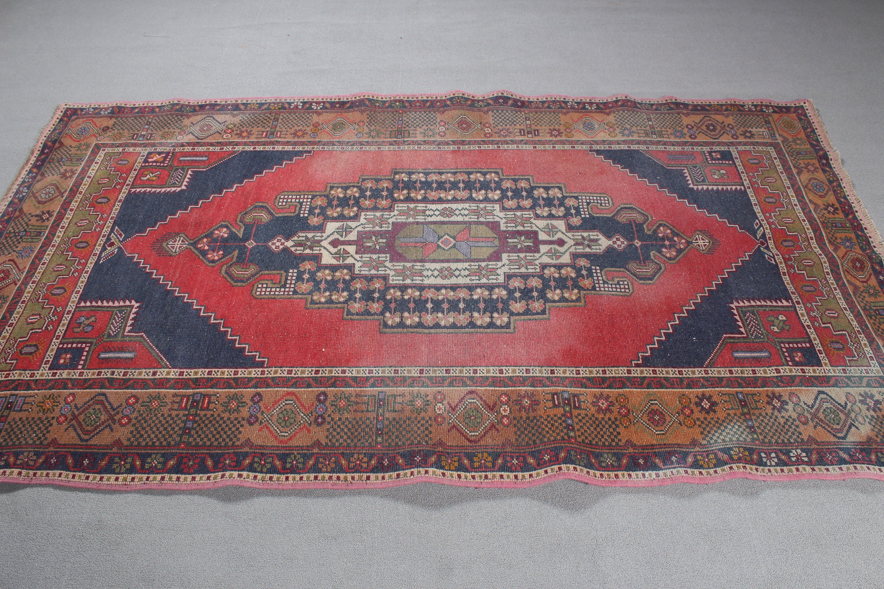 Turkish Rugs, Vintage Rug, Red Cool Rug, Kitchen Rugs, Luxury Rugs, Rugs for Oushak Area, Floor Rug, 4.4x7.9 ft Area Rug