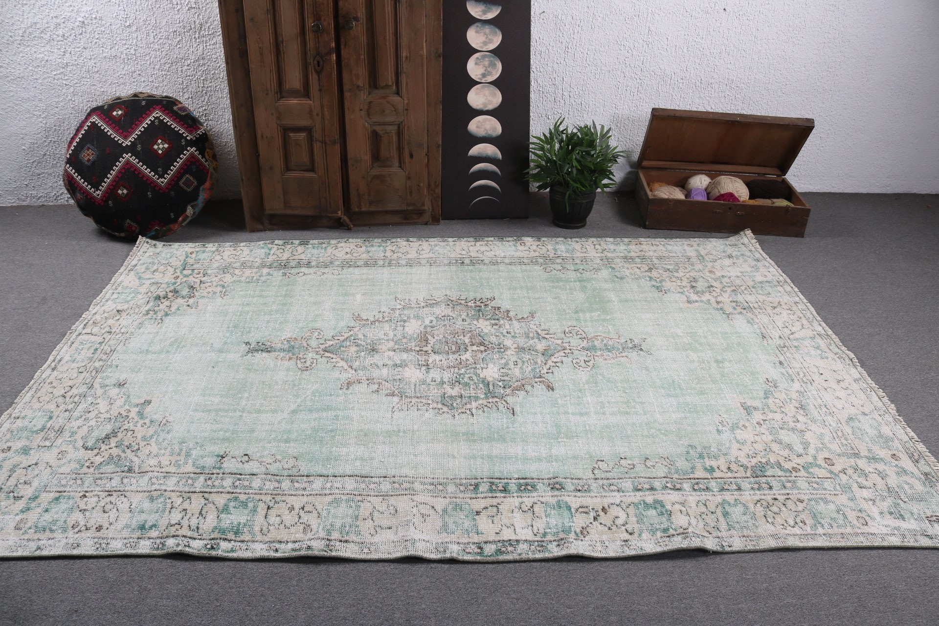 Oushak Halı, Yer Halıları, Vintage Halı, Büyük Vintage Halılar, 5,8x8,8 ft Büyük Halılar, Lüks Halı, Yeşil Oushak Halıları, Türk Halıları, Büyük Boho Halısı