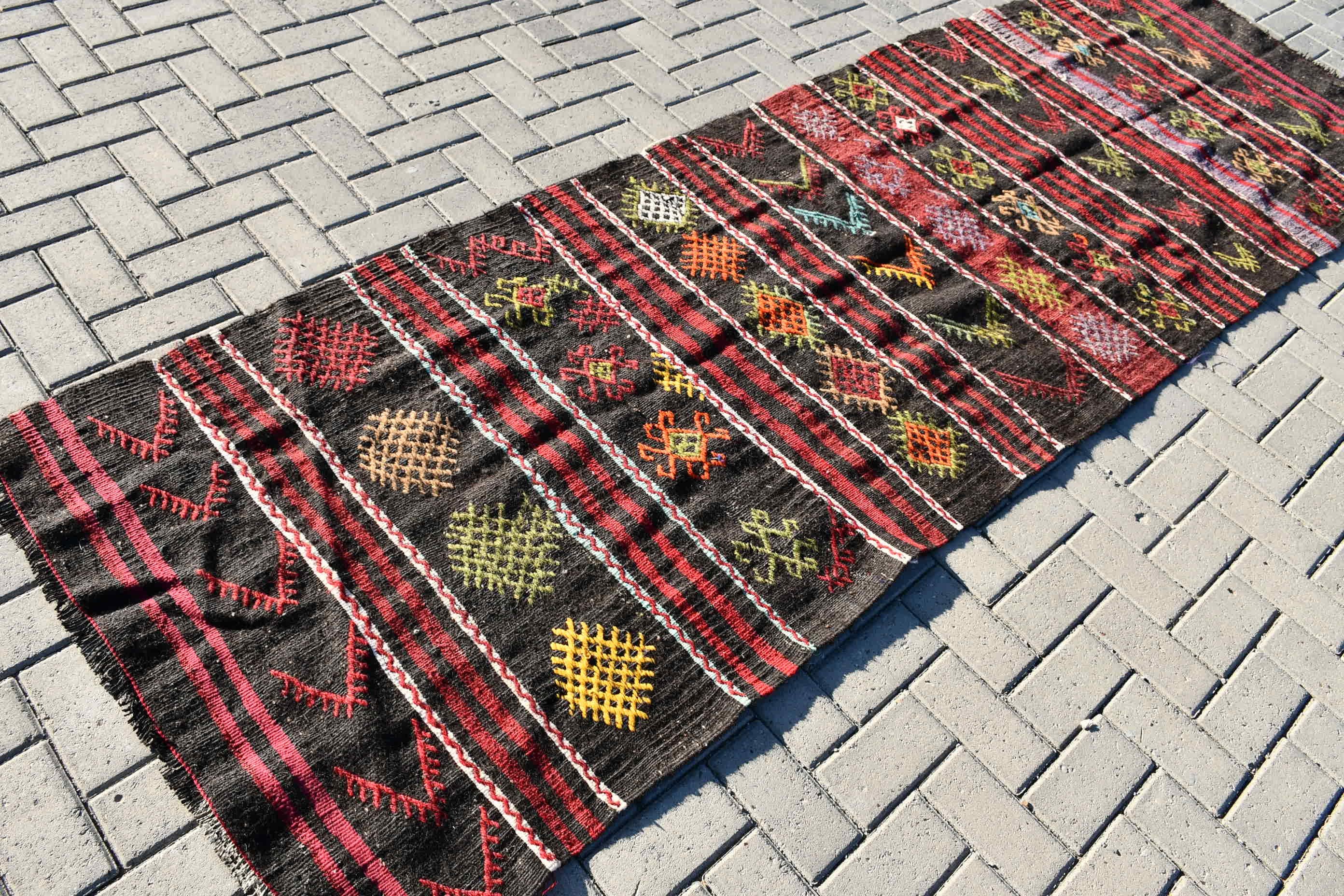 3.3x10.8 ft Runner Rugs, Vintage Rug, Corridor Rug, Floor Rug, Rugs for Runner, Black Wool Rugs, Oushak Rug, Turkish Rug, Stair Rug, Kilim