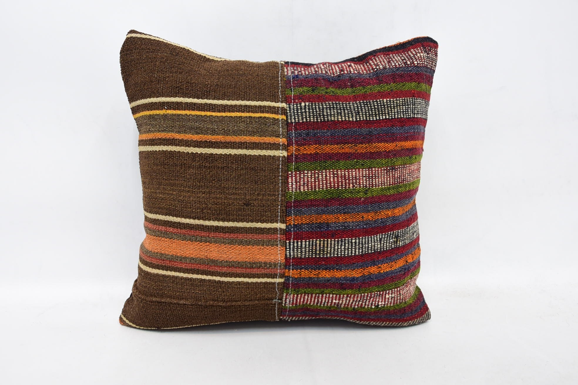 Handwoven Pillow Case, 16"x16" Brown Cushion, Kilim Cushion Sham, Boho Pillow, Pillow for Couch, Colorful Cushion