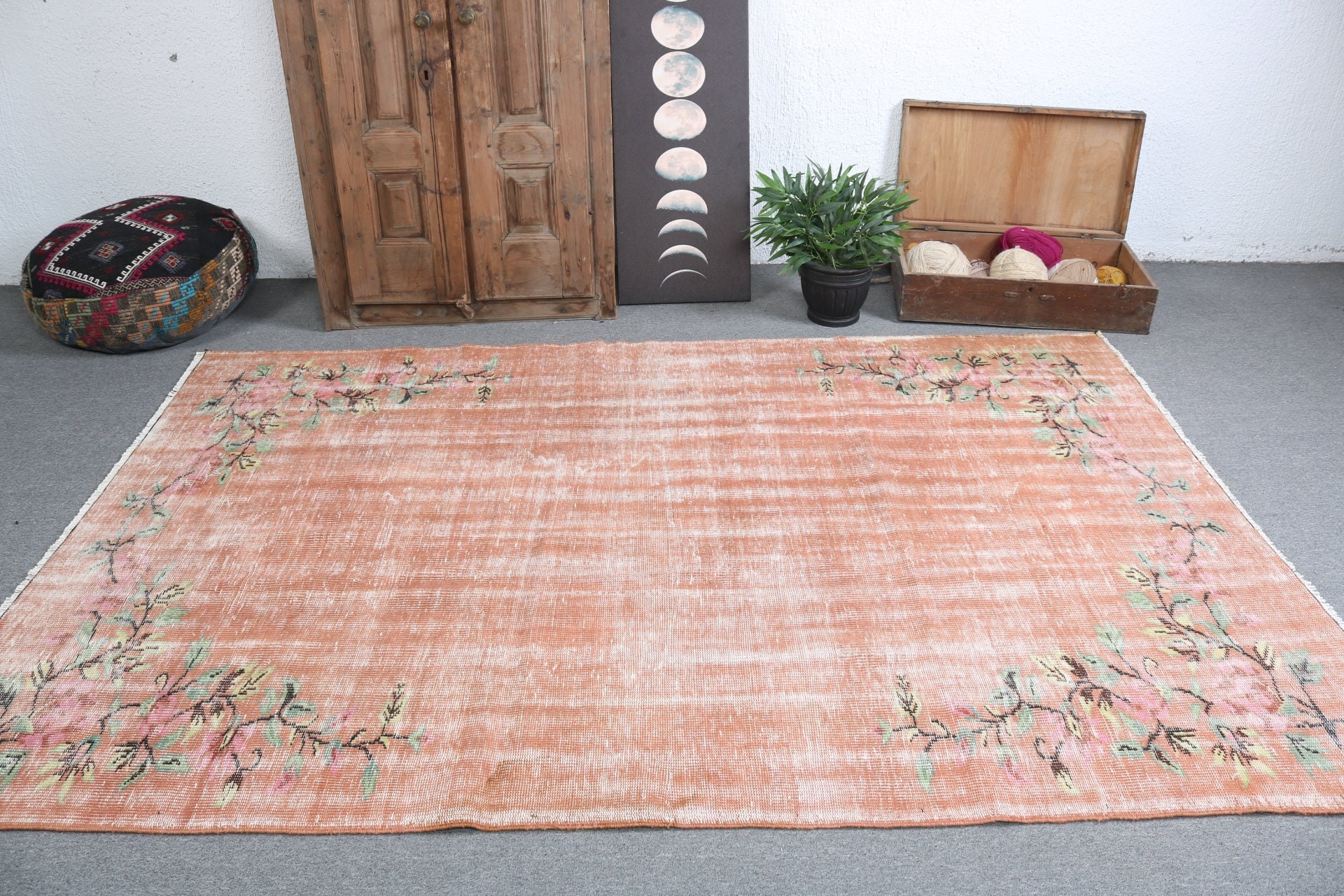 Turuncu Anadolu Halısı, Vintage Halılar, 5.5x8.5 ft Büyük Halı, Yer Halısı, Türk Halıları, Büyük Vintage Halı, Yemek Odası Halısı, Lüks Halı