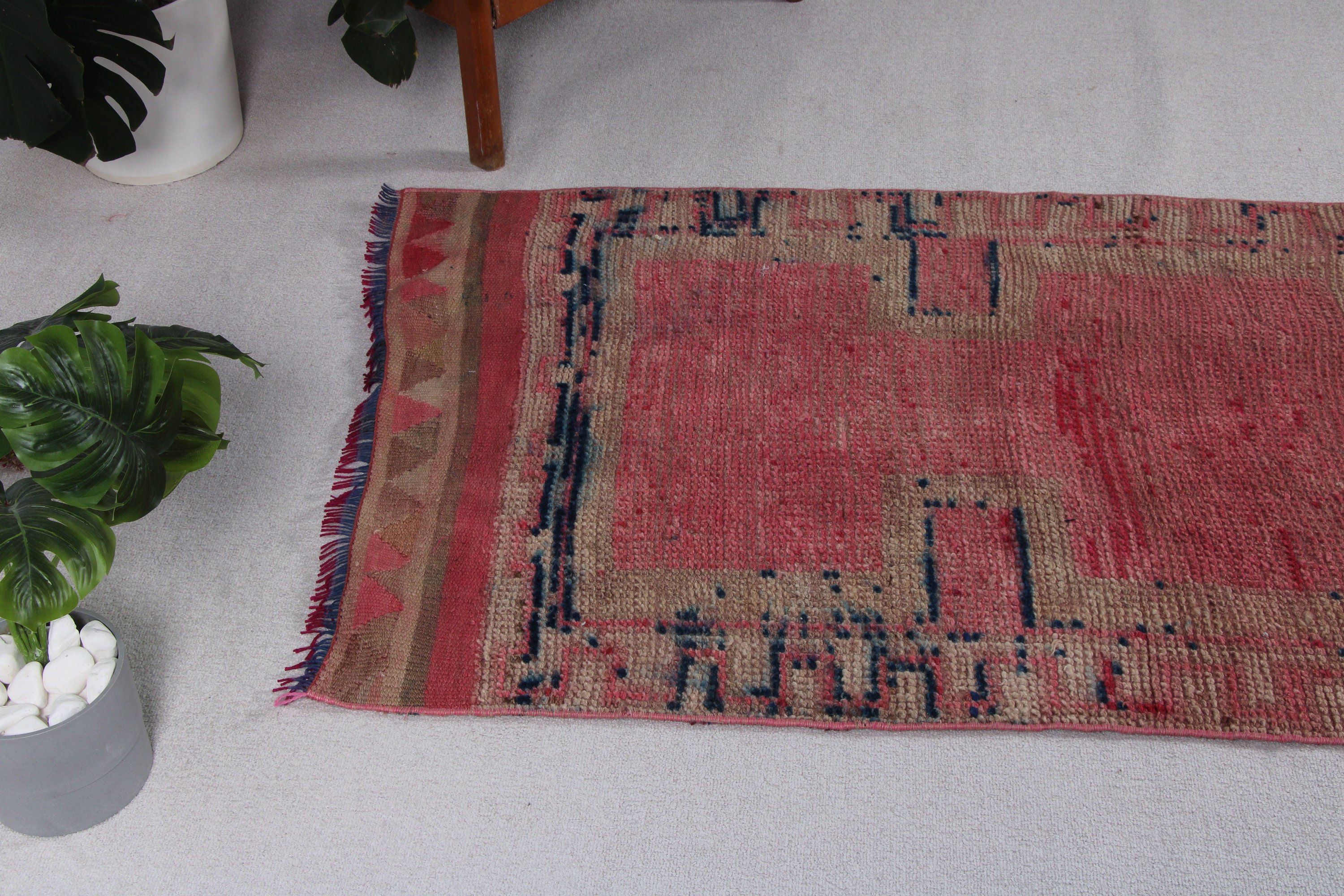 Türk Halıları, Vintage Halı, Pembe Antika Halı, Vintage Runner Halıları, Geometrik Halı, Koridor Halısı, 3.1x9.5 ft Runner Halısı