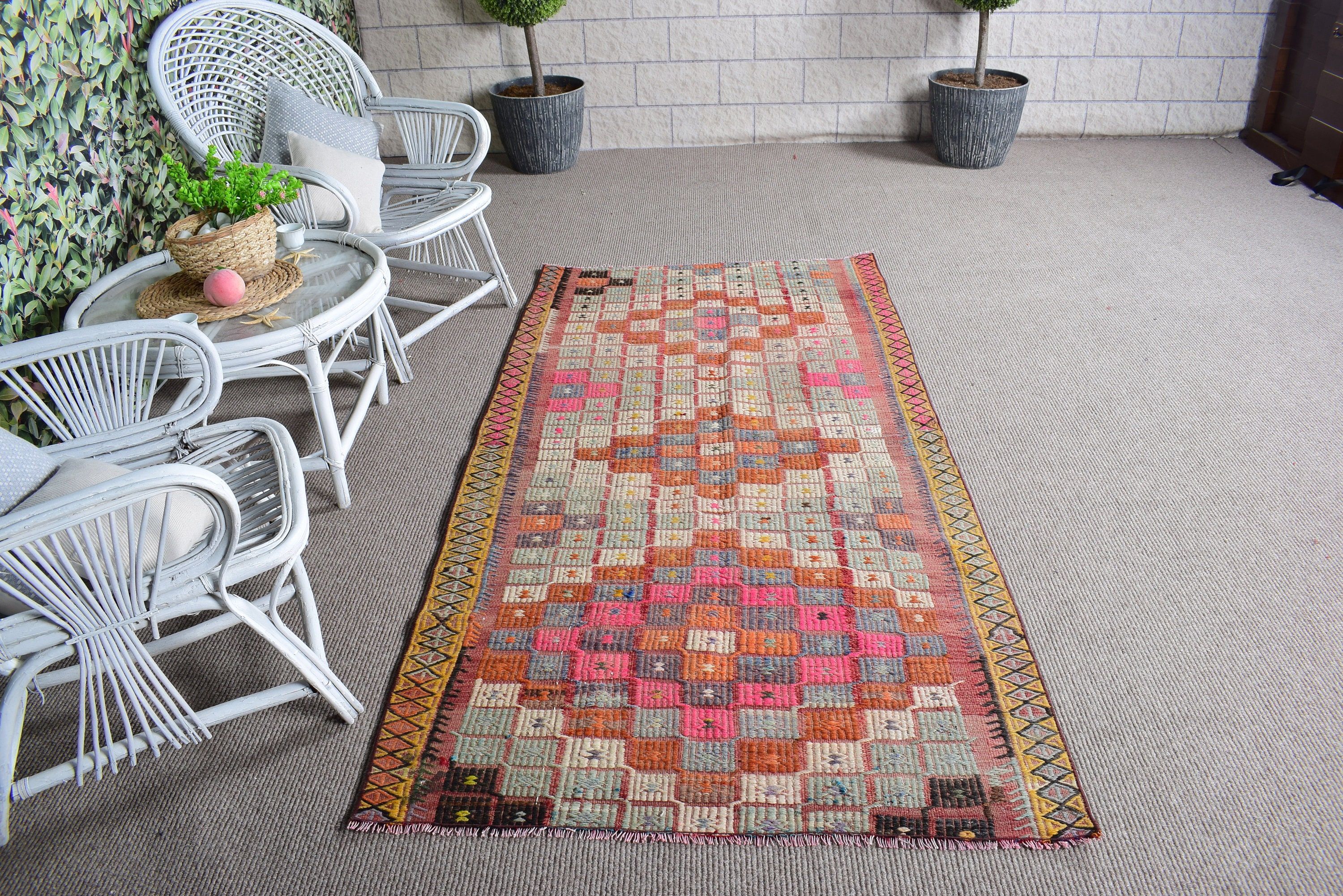 3.7x7.2 ft Alan Halısı, Turuncu Düz Dokuma Halı, Vintage Halılar, Yün Halı, Mutfak Halıları, Yemek Odası Halıları, Türk Halısı, Antika Halılar, Kilim