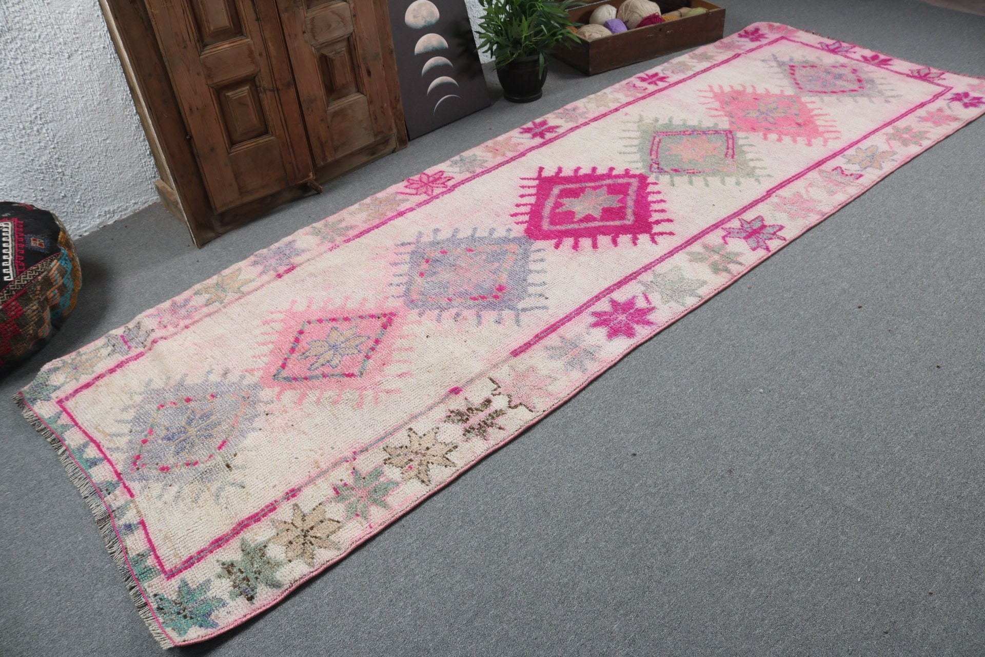 Vintage Halı, Türk Halısı, Boho Halısı, Fas Halıları, 3,6x11,1 ft Runner Halısı, Oushak Halısı, Bej Bildirim Halısı, Uzun Yolluk Halıları, Koridor Halıları