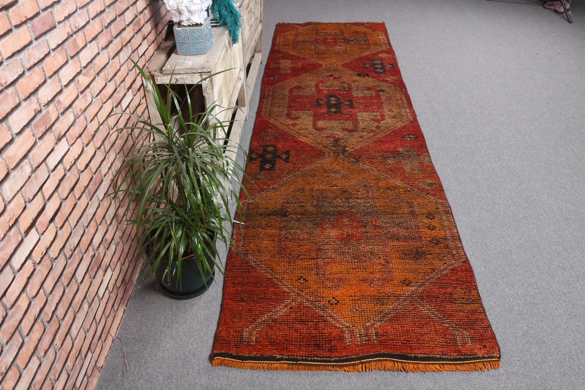 Koridor Halıları, Koridor Halıları, Vintage Halılar, Türk Halısı, Oryantal Halı, Kırmızı Yün Halılar, 3x10.7 ft Runner Halısı, Sessiz Halı, Fas Halısı