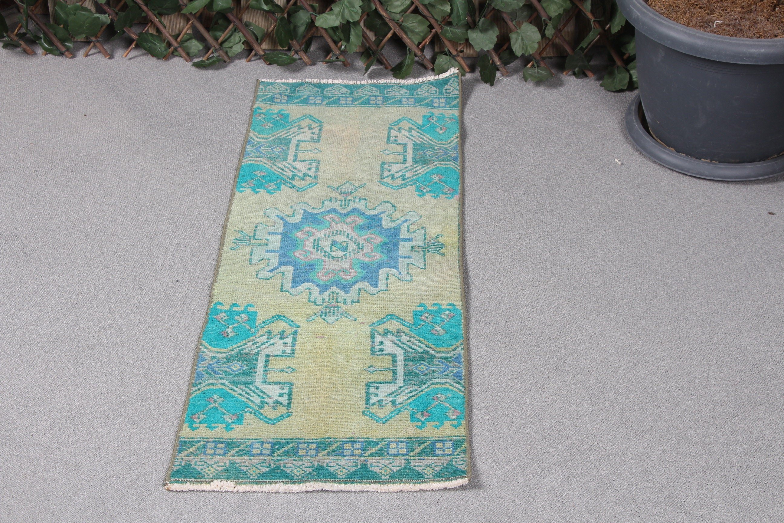 Green Anatolian Rugs, Oushak Rug, Turkish Rug, Door Mat Rugs, Car Mat Rug, Wool Rug, Vintage Rug, Rugs for Car Mat, 1.2x3.4 ft Small Rugs