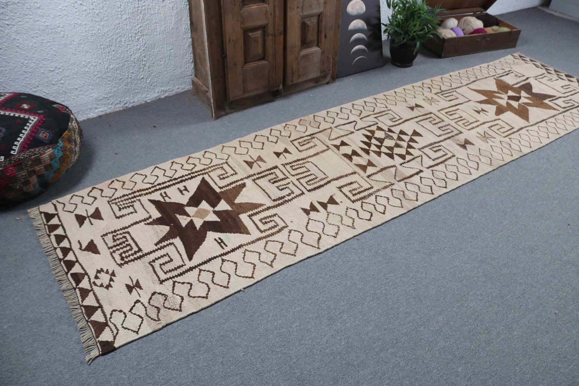 Bej Boho Halılar, Vintage Halılar, Yer Halısı, Uzun Yolluk Halısı, Türk Halıları, Modern Halı, 2.9x11 ft Yolluk Halıları, Koridor Halıları, Yatak Odası Halıları