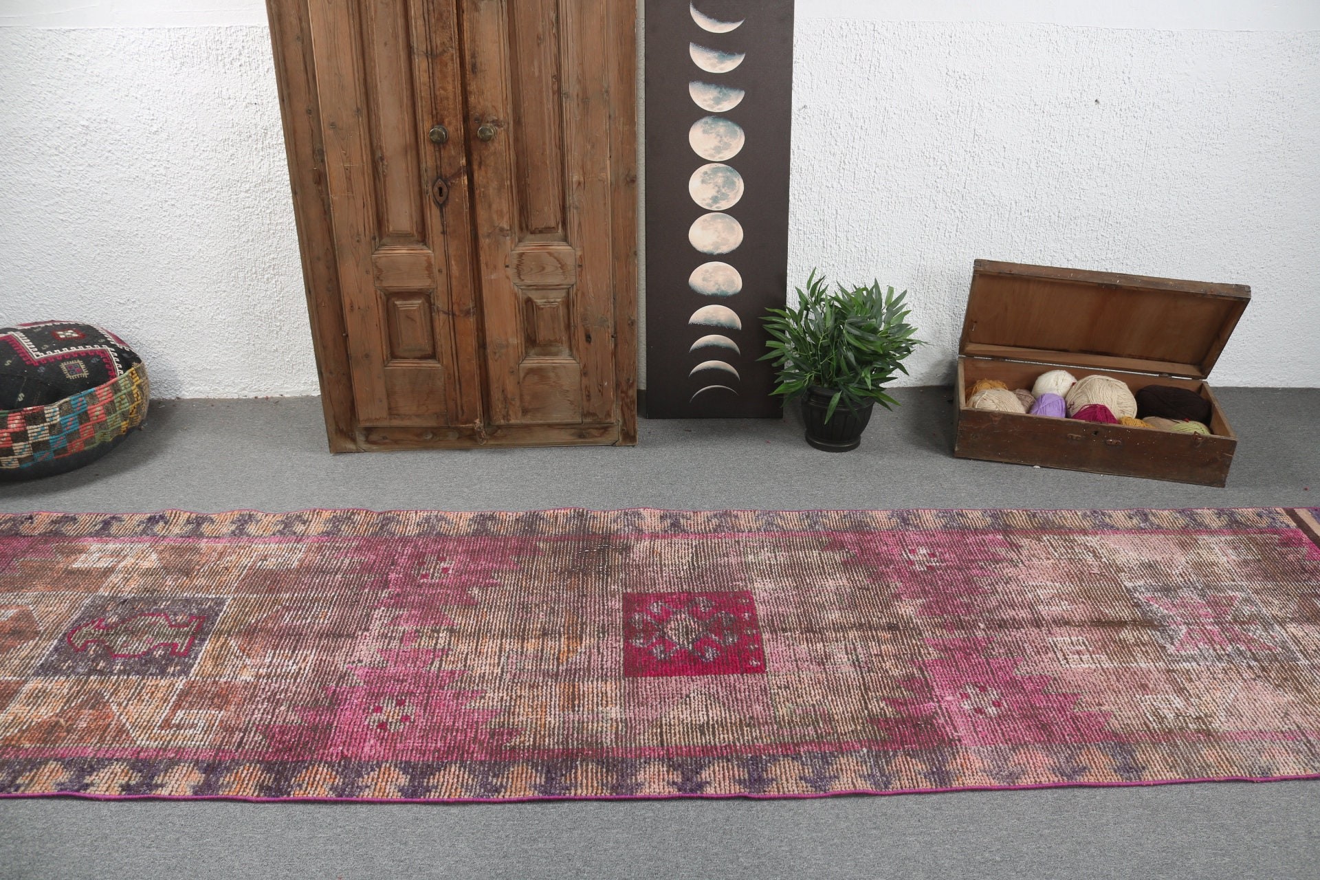 3.2x11.8 ft Runner Halı, Koridor Halıları, Vintage Halılar, Açıklama Halıları, Türk Halıları, Antika Halı, Pembe Yün Halı, Boho Halı, Uzun Yolluk Halıları