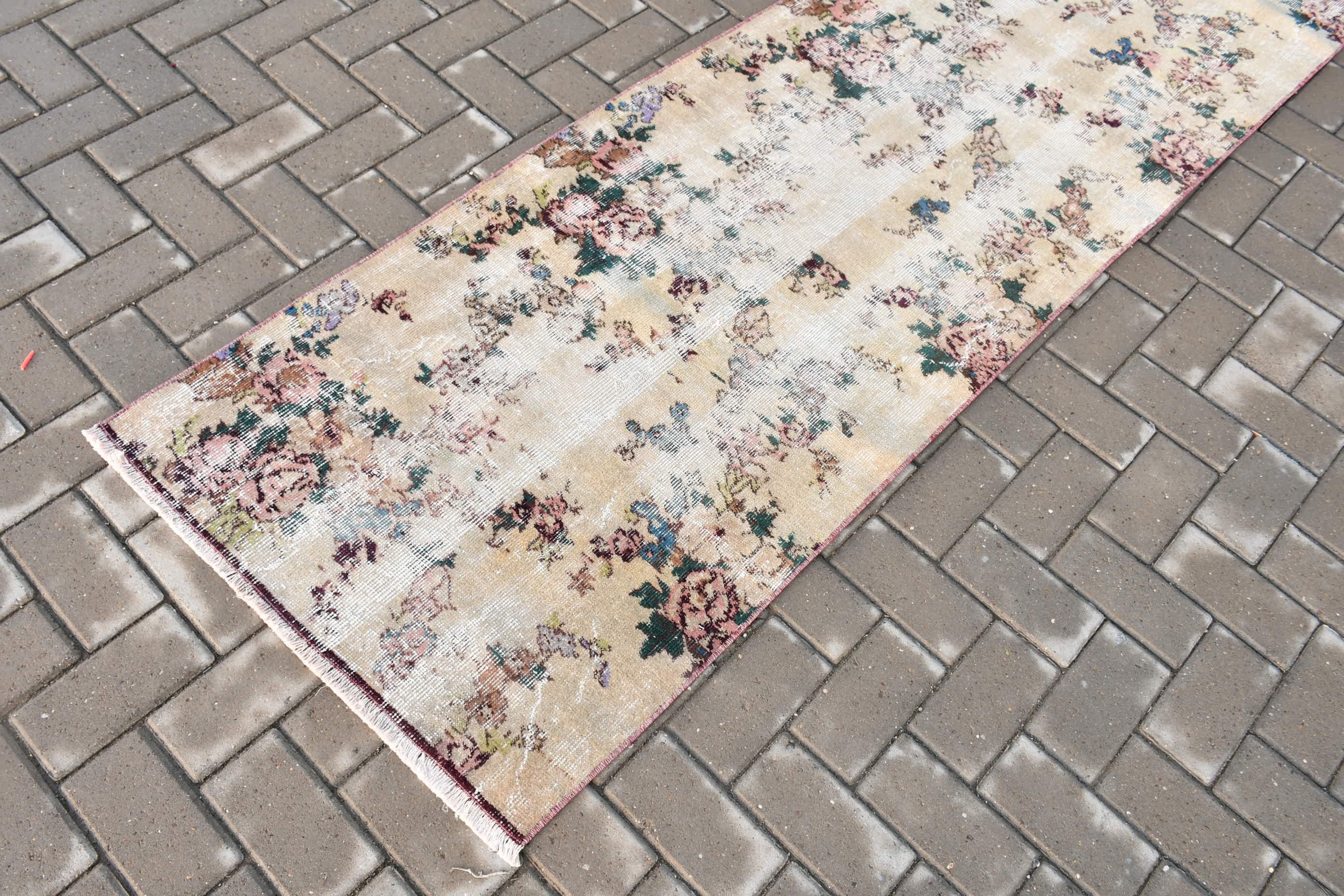 Oriental Rug, Turkish Rugs, 2.5x9.2 ft Runner Rug, Home Decor Rug, Vintage Rug, Rugs for Stair, Beige Antique Rugs, Floor Rug, Kitchen Rugs