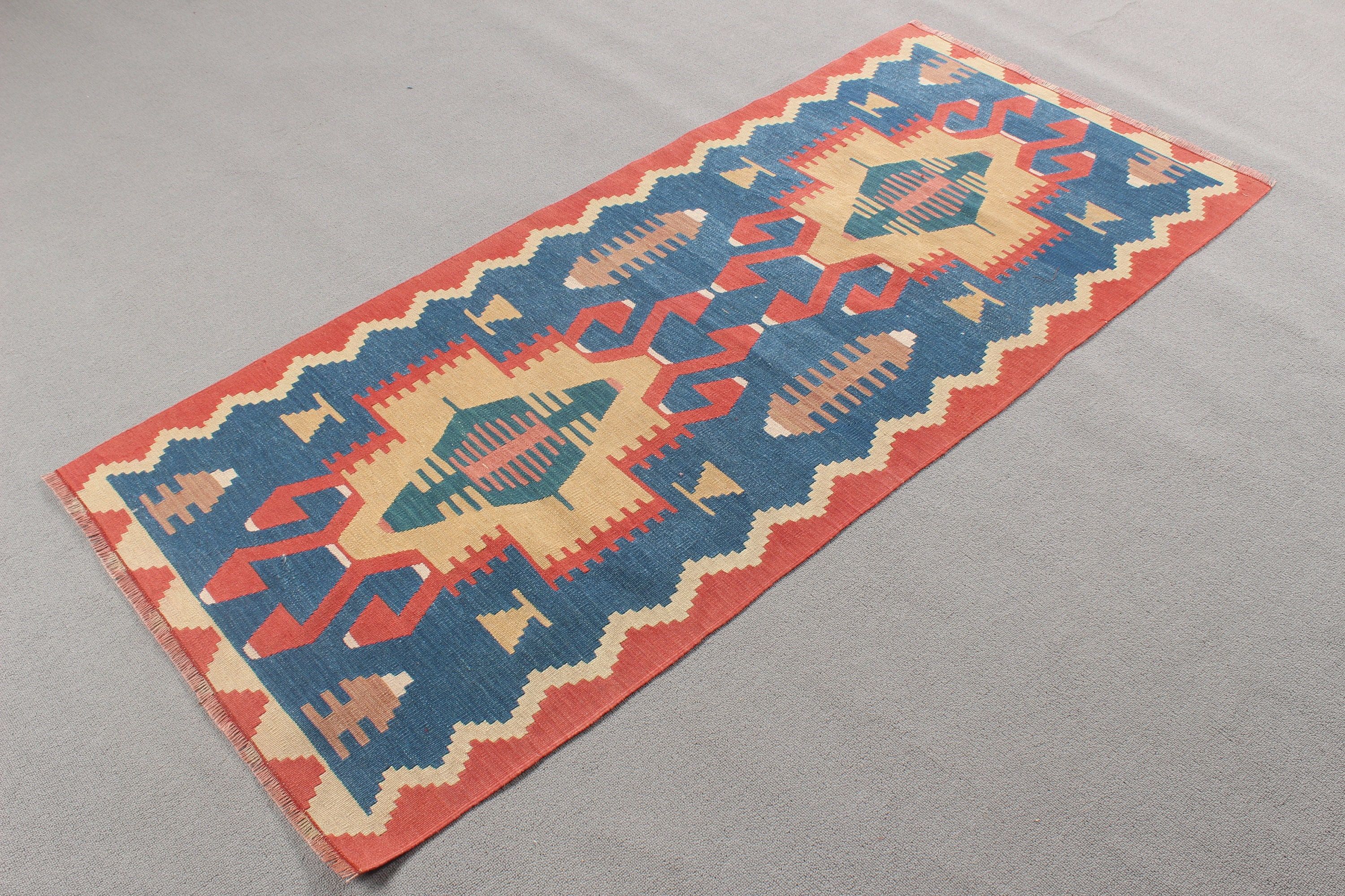 Vintage Rugs, Turkish Rug, Nursery Rugs, Kilim, 2.7x6 ft Accent Rugs, Neutral Rug, Blue Neutral Rugs, Kitchen Rugs, Anatolian Rugs