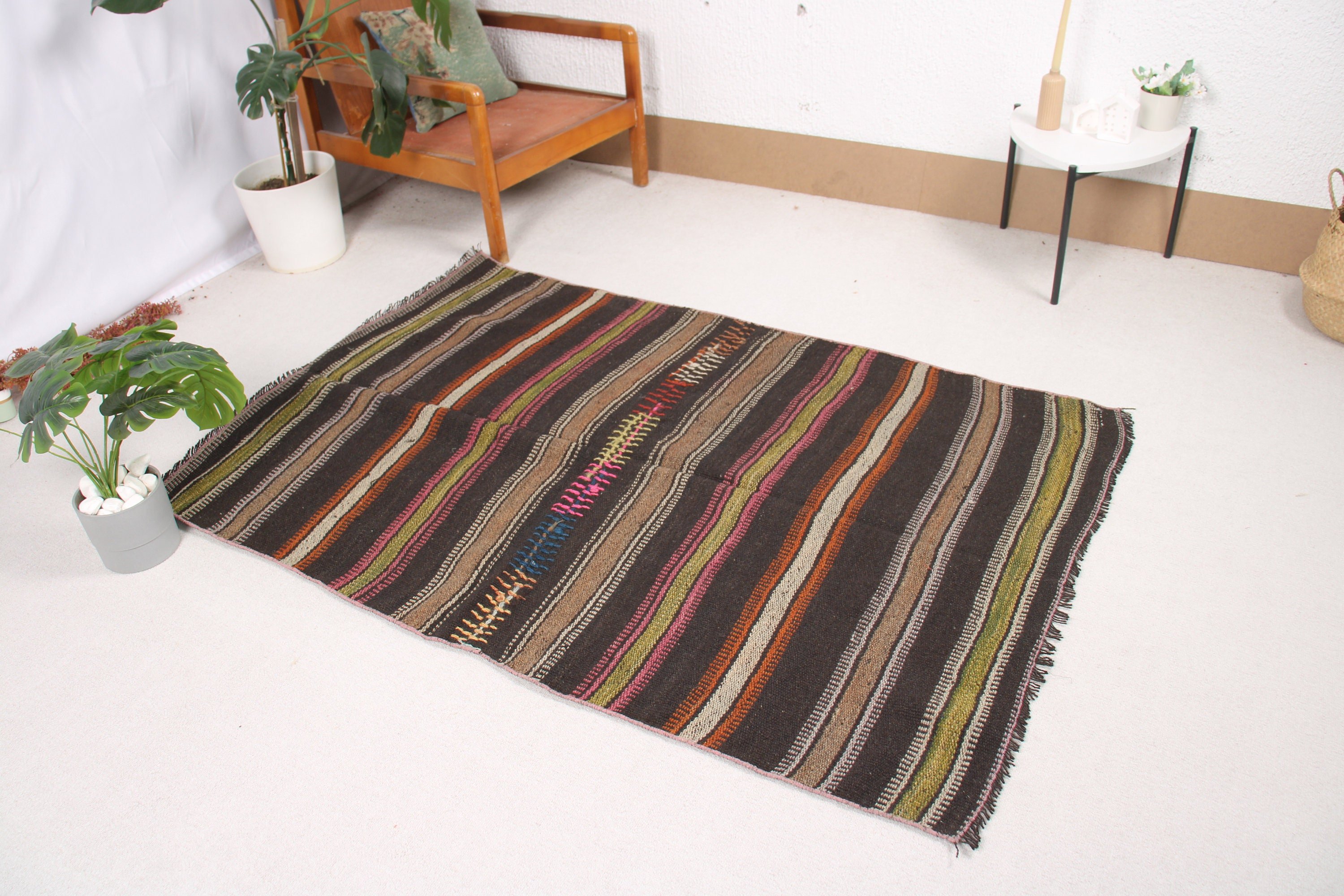 Turkish Rugs, Entry Rug, Kilim, Brown Luxury Rug, Flatweave Rugs, Bedroom Rugs, 3.8x5.7 ft Accent Rugs, Vintage Rug