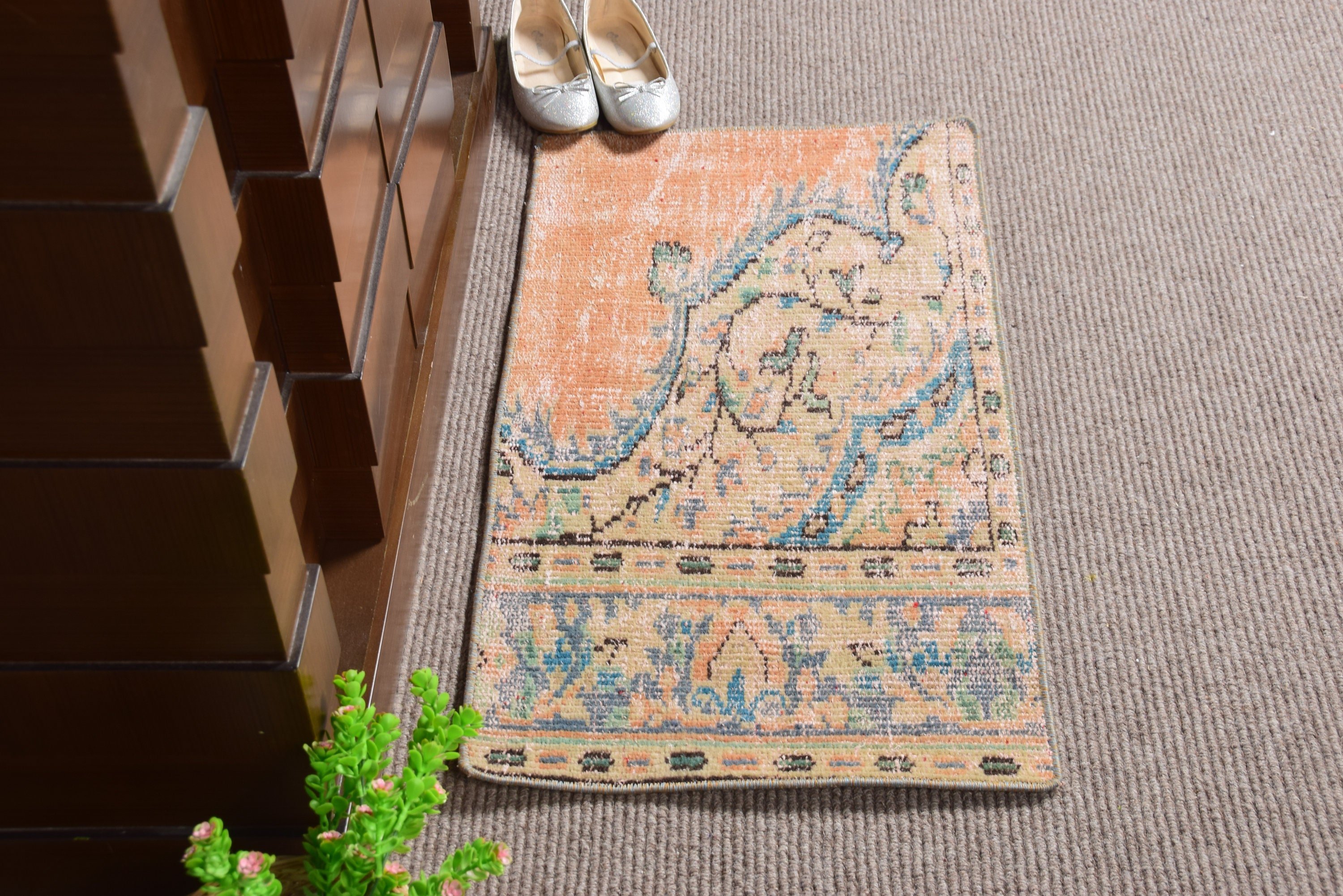 Turuncu Antika Halı, Banyo Halıları, Yatak Odası Halısı, 1.5x2.7 ft Küçük Halılar, Vintage Halı, Antika Halılar, Türk Halısı, Duvara Asılı Halılar, Parlak Halı