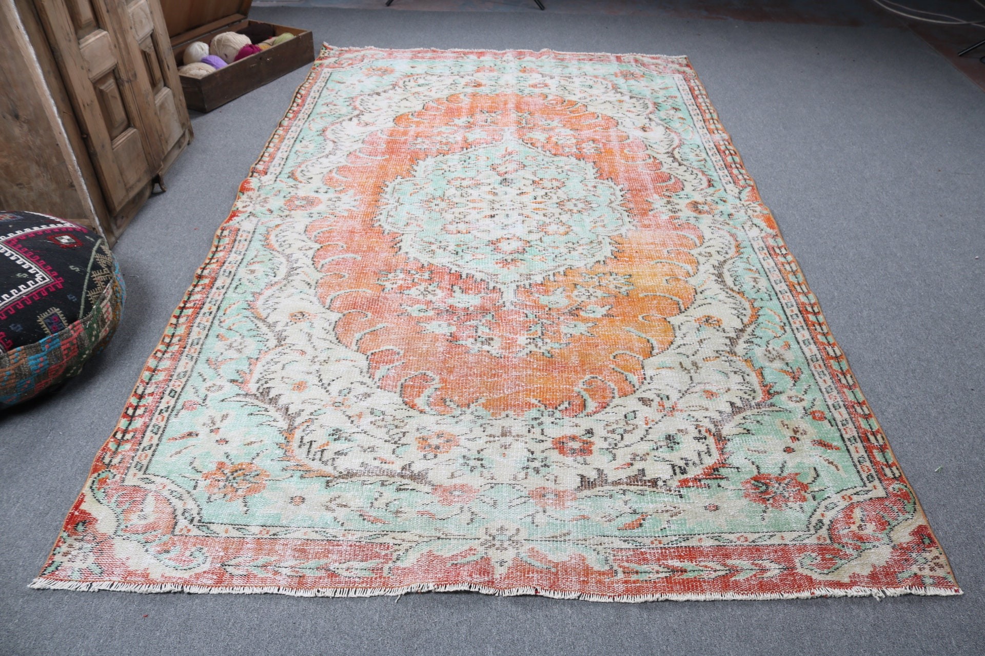 Büyük Boho Halı, Soğuk Halı, Büyük Oushak Halı, 6x9,9 ft Büyük Halılar, Türk Halıları, Vintage Halılar, Turuncu Soğuk Halı, Dekoratif Halı, Mutfak Halısı