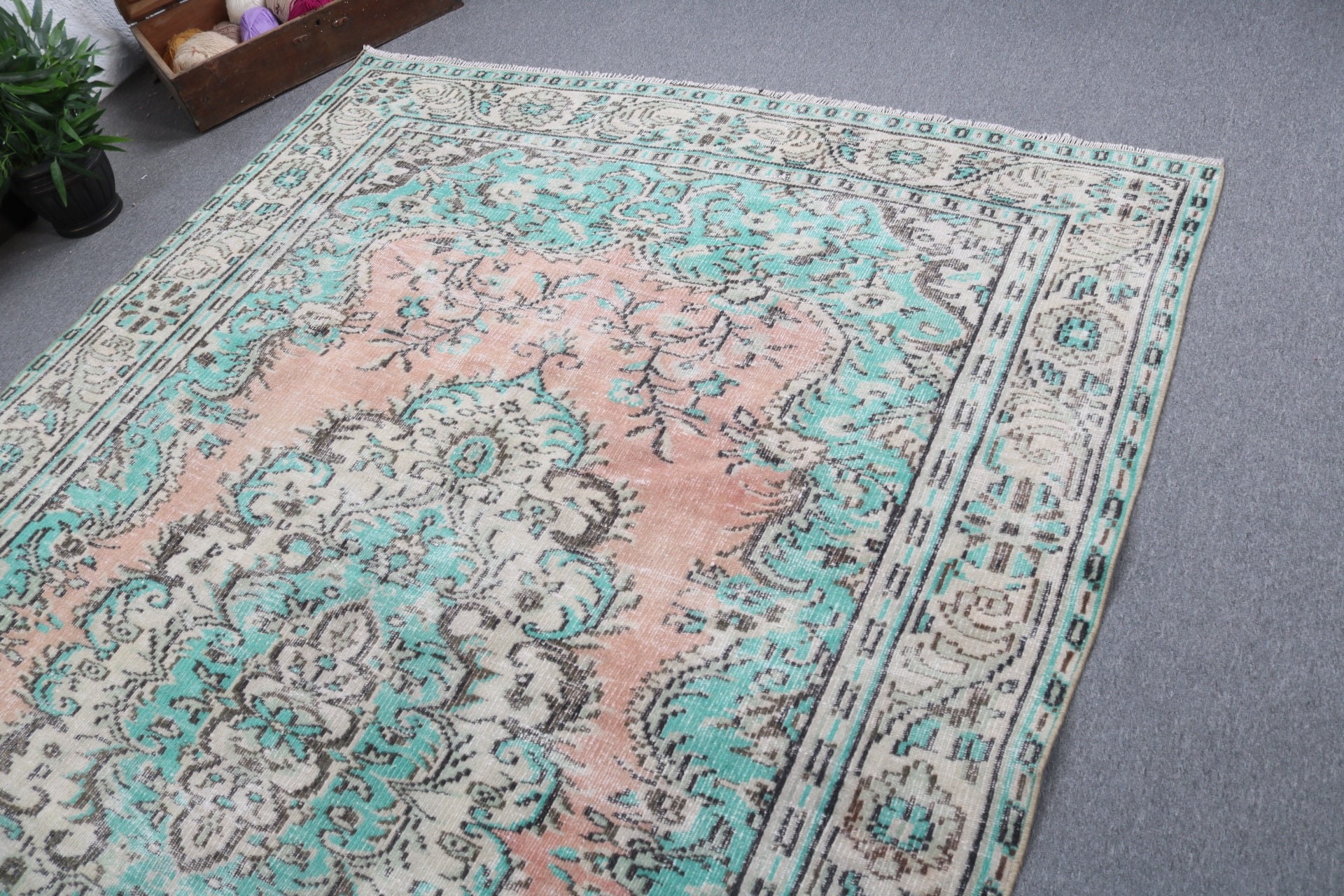 6.5x10.1 ft Büyük Halı, Türk Halıları, Ev Dekor Halısı, Büyük Oushak Halısı, Yeşil Modern Halılar, Vintage Halılar, Büyük Vintage Halılar