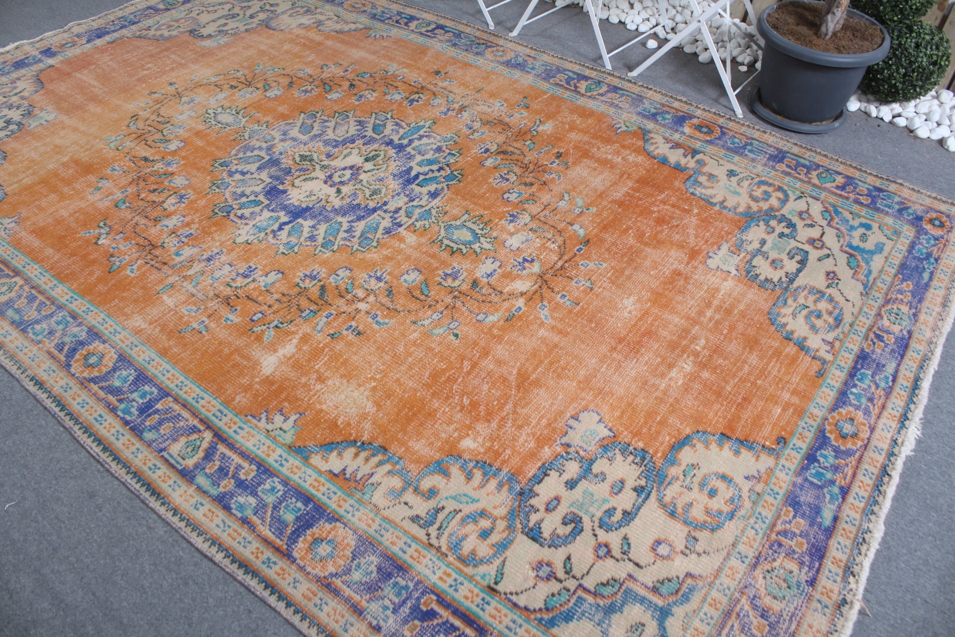 Kitchen Rug, Orange Oriental Rug, Turkish Rugs, Vintage Rug, Living Room Rugs, Antique Rug, 6.8x10.3 ft Oversize Rug, Dining Room Rug