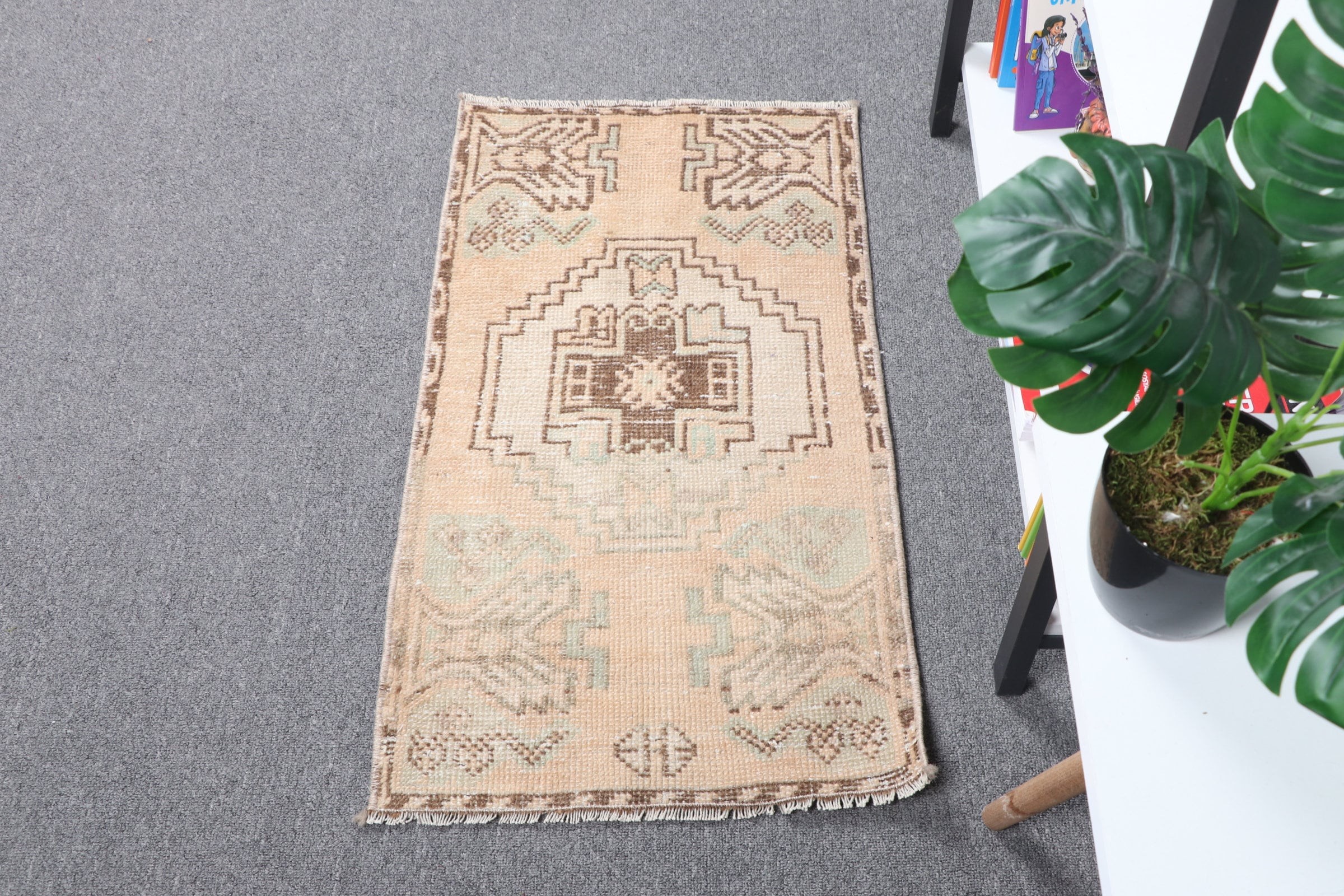 Vintage Halı, Giriş Halıları, Araba Paspas Halıları, Fas Halısı, Turuncu Oushak Halısı, Araba Paspas Halıları, Oushak Halısı, Türk Halısı, 1.4x2.7 ft Küçük Halı