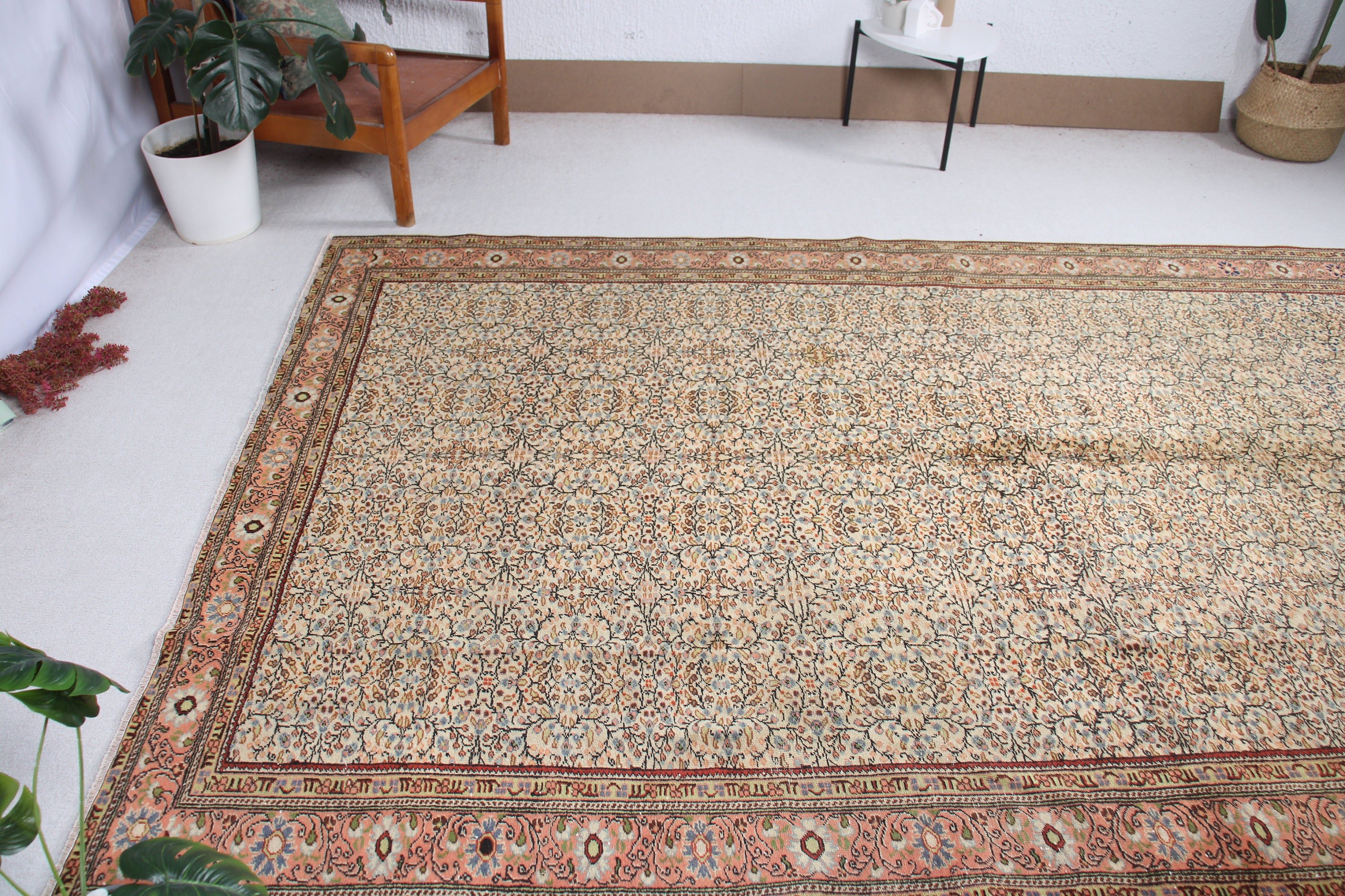 Bej Yer Halıları, Düz Dokuma Halı, Türk Halıları, Nötr Halılar, Vintage Halı, 6,5x9,5 ft Büyük Halı, Büyük Boho Halısı, Büyük Oushak Halıları