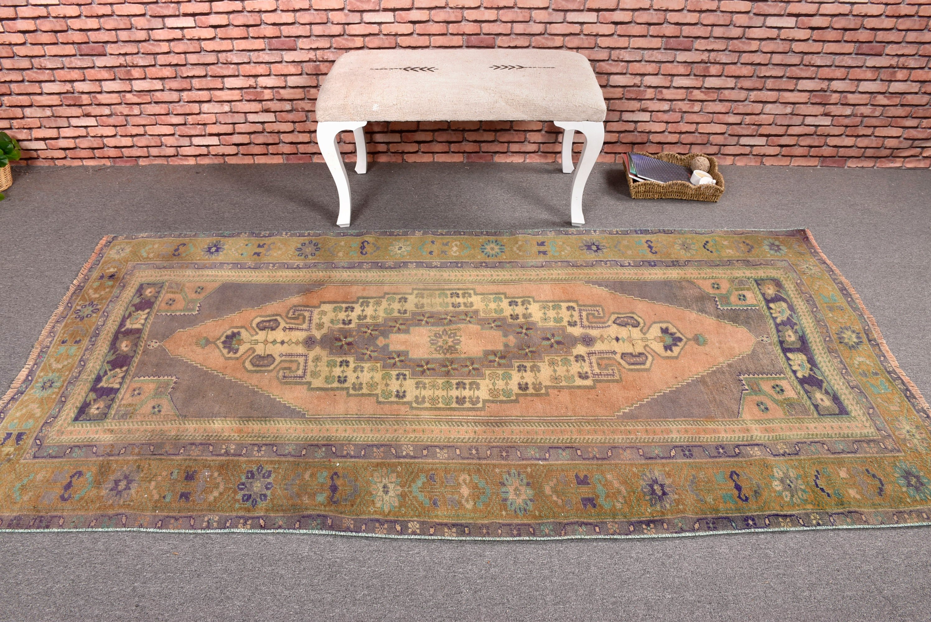 Oushak Bölge Halıları, Vintage Halı, 4,1x8 ft Alan Halısı, Boho Bölge Halıları, Türk Halıları, El Dokuma Halılar, Modern Halılar, Bildiri Halısı, Yeşil Boho Halı