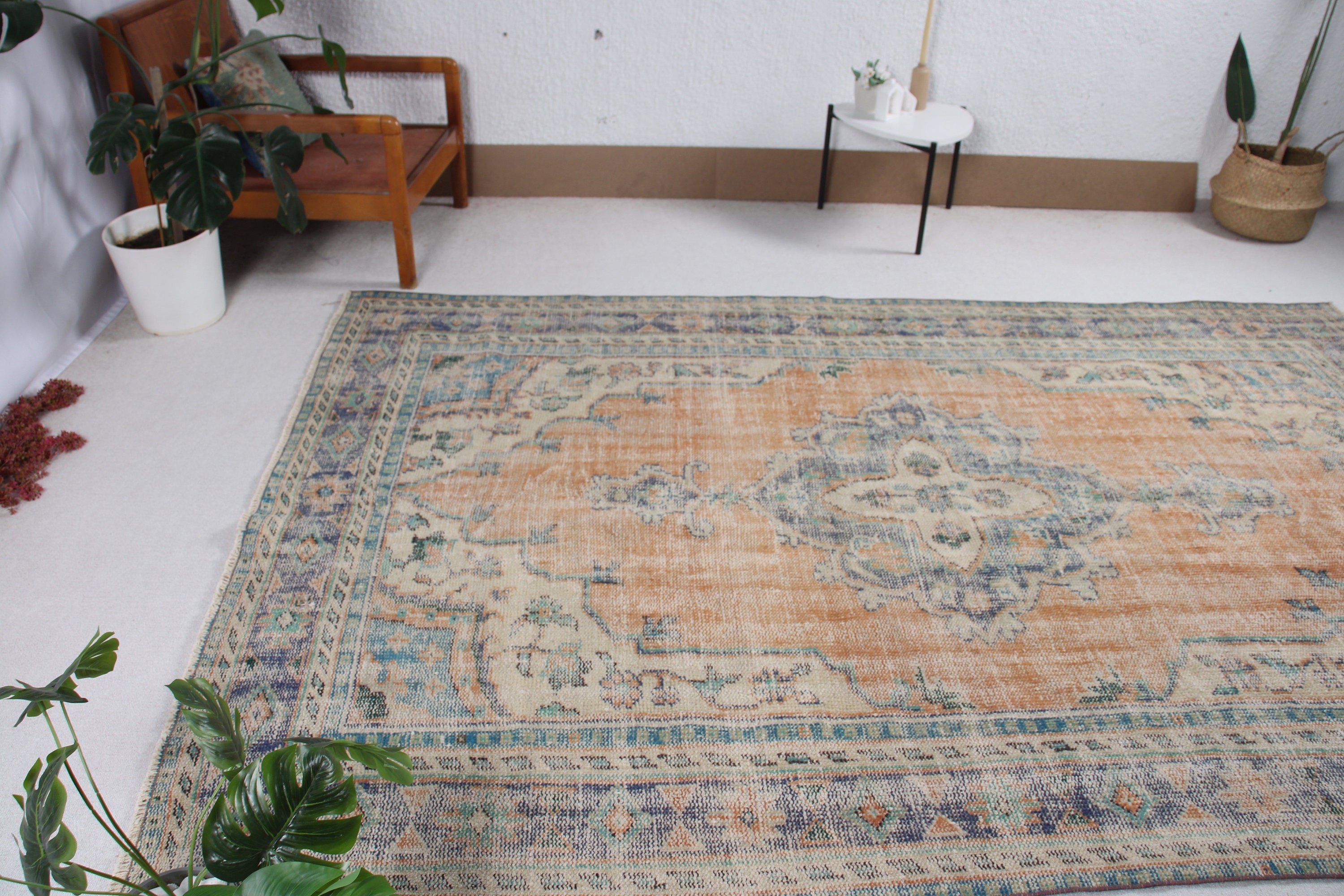 Büyük Boho Halılar, Vintage Halılar, Boho Halı, Modern Halılar, 6,3x9,4 ft Büyük Halı, Türk Halıları, Turuncu Nötr Halı, Büyük Vintage Halılar