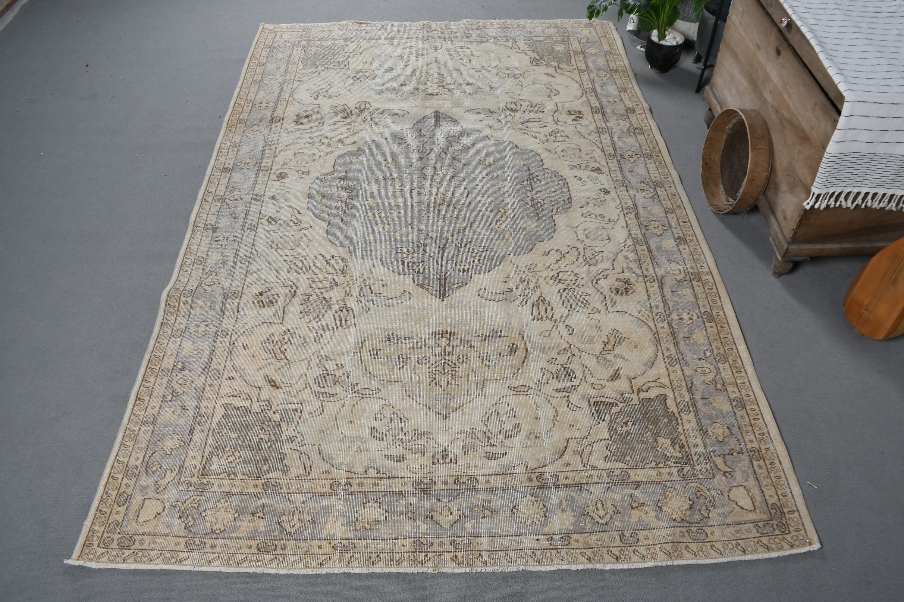 Oturma Odası Halısı, Türk Halıları, Yer Halısı, Yatak Odası Halısı, Vintage Halı, Bej Oushak Halıları, 6.5x9.5 ft Büyük Halı, Salon Halısı, Anadolu Halısı