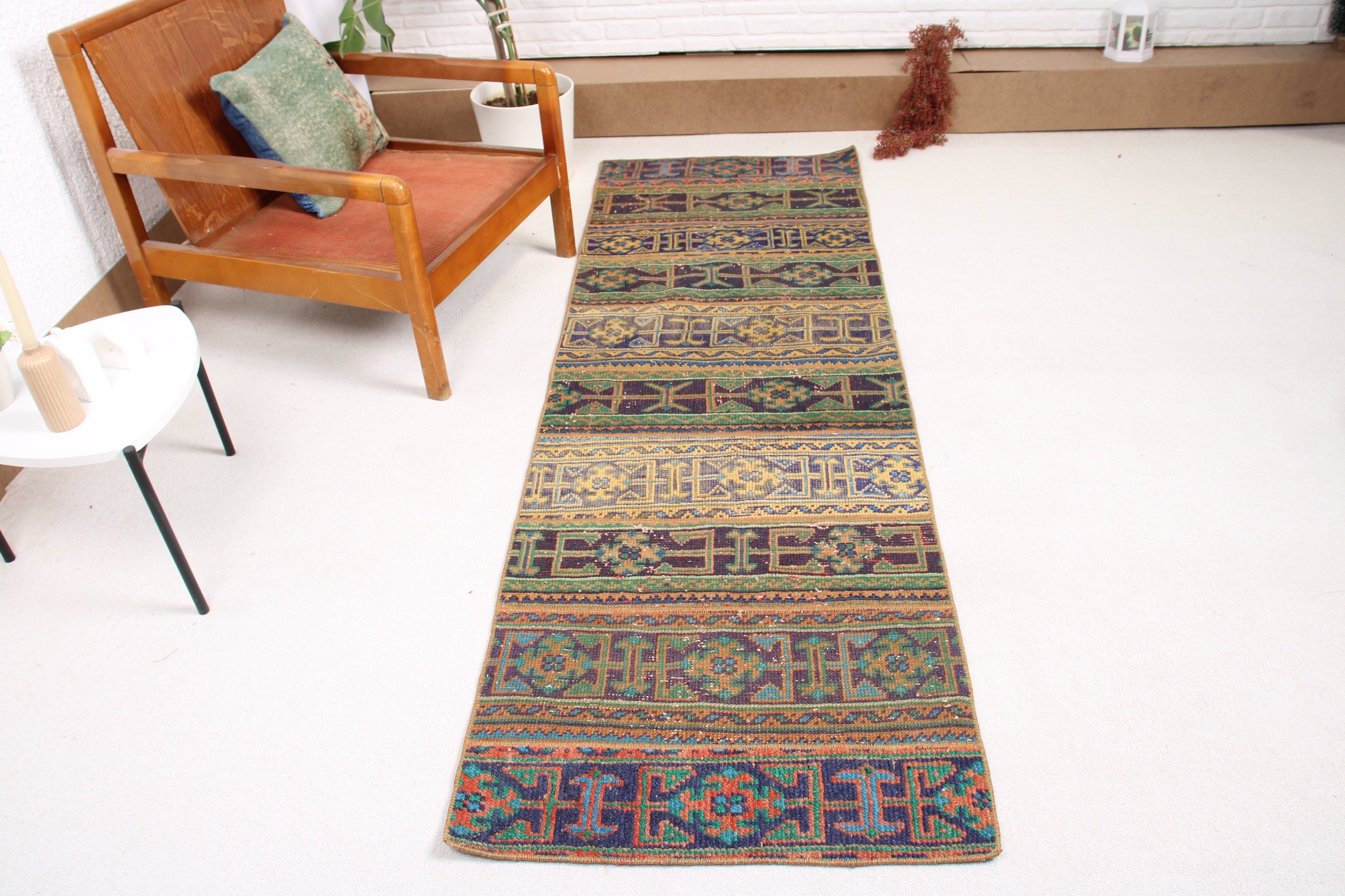 Neutral Rugs, Corridor Rugs, Vintage Rugs, Stair Rug, Turkish Rugs, Blue Floor Rug, 2.4x7.3 ft Runner Rug, Ethnic Rug, Modern Rugs