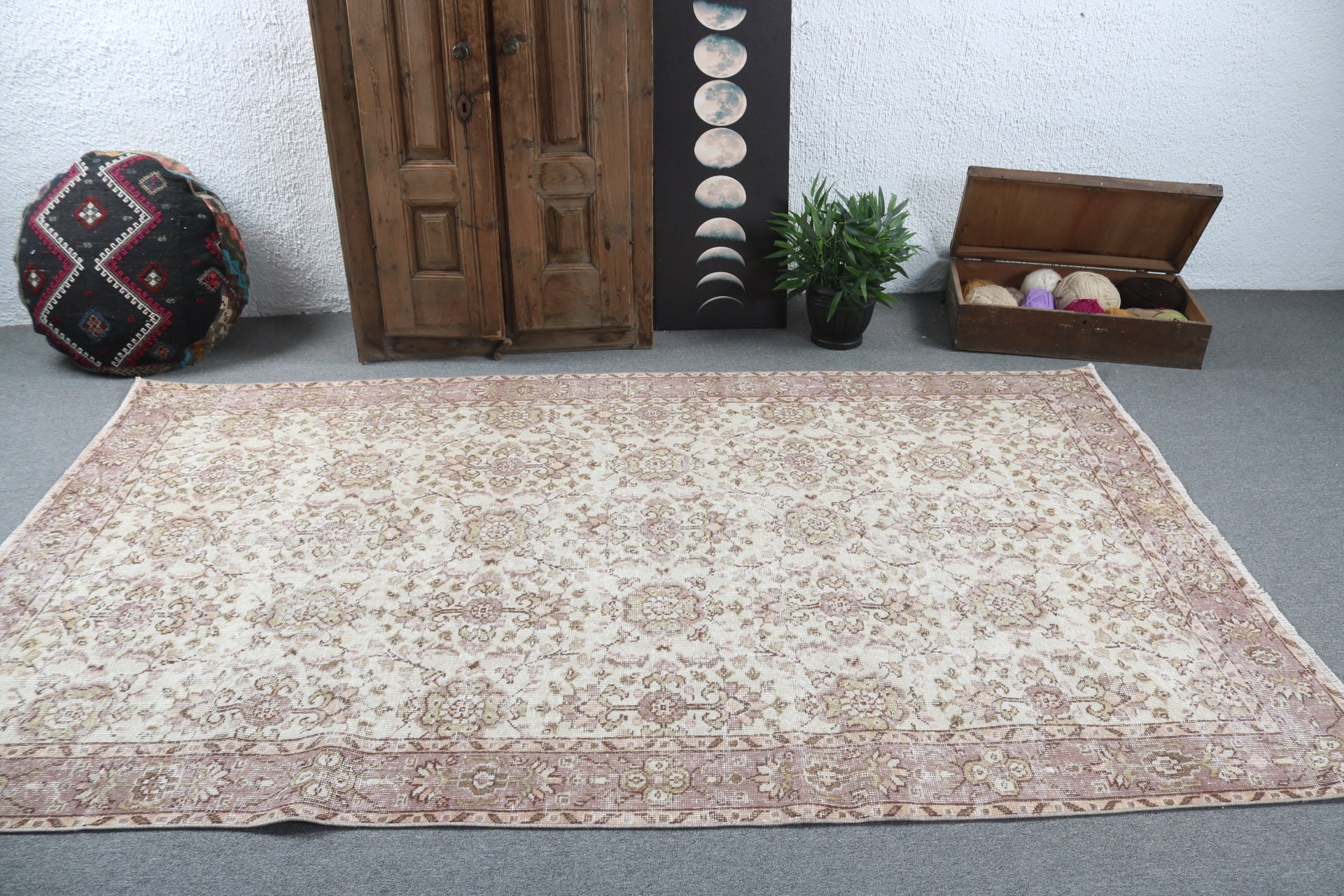 Antika Halı, Bej El Dokuma Halılar, Oturma Odası Halıları, 5,2x8,9 ft Büyük Halılar, Vintage Halı, El Dokuma Halı, Büyük Oushak Halıları, Türk Halıları