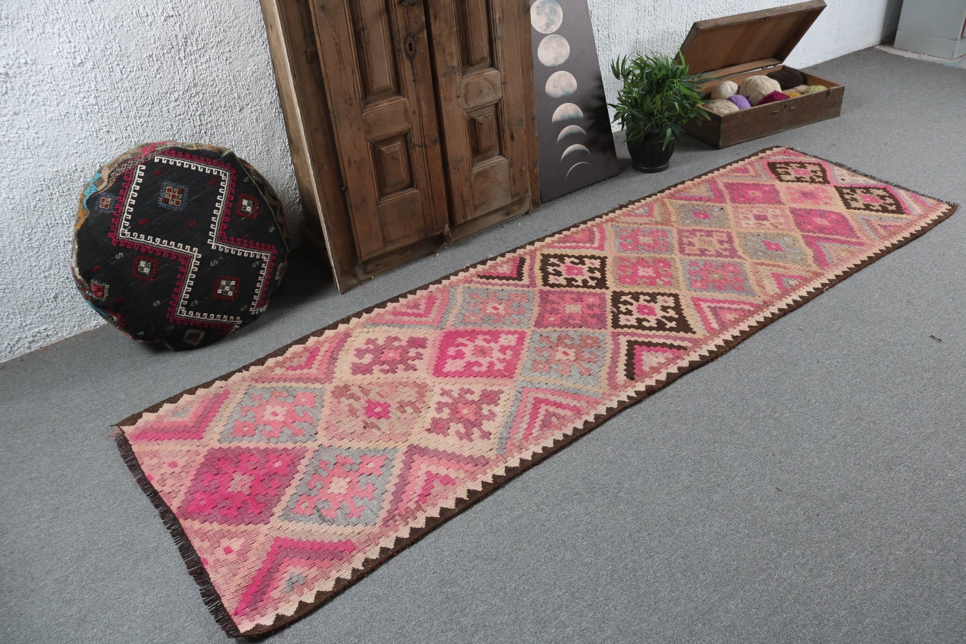 Geometrik Halı, 2.9x9 ft Runner Halı, Vintage Runner Halılar, Mutfak Halıları, Vintage Halılar, Pembe Havalı Halılar, Anadolu Halısı, Türk Halıları