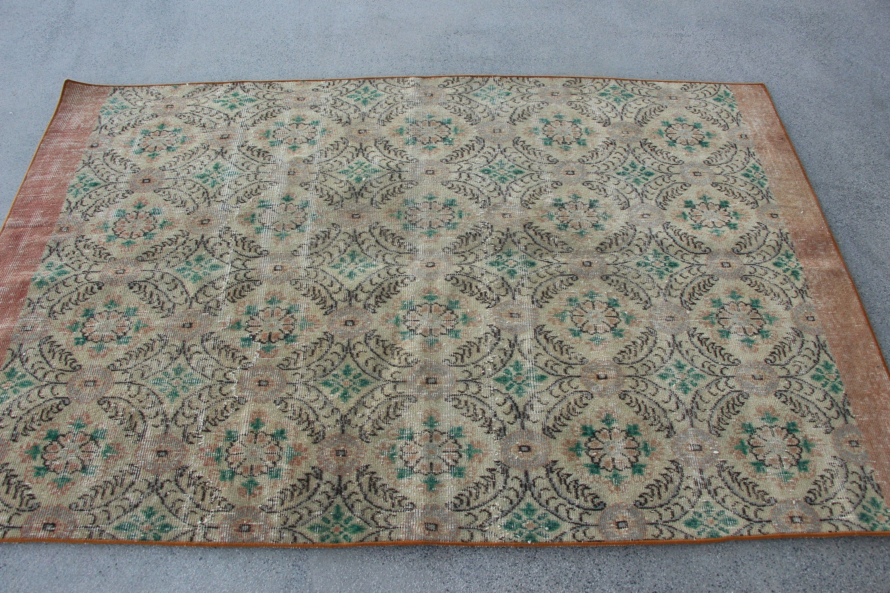 Türk Halıları, 4.3x6.6 ft Alan Halısı, Yeşil Oushak Halısı, İç Mekan Halıları, Fas Halısı, Vintage Halı, Mutfak Halıları, Türk Alan Halısı Halıları