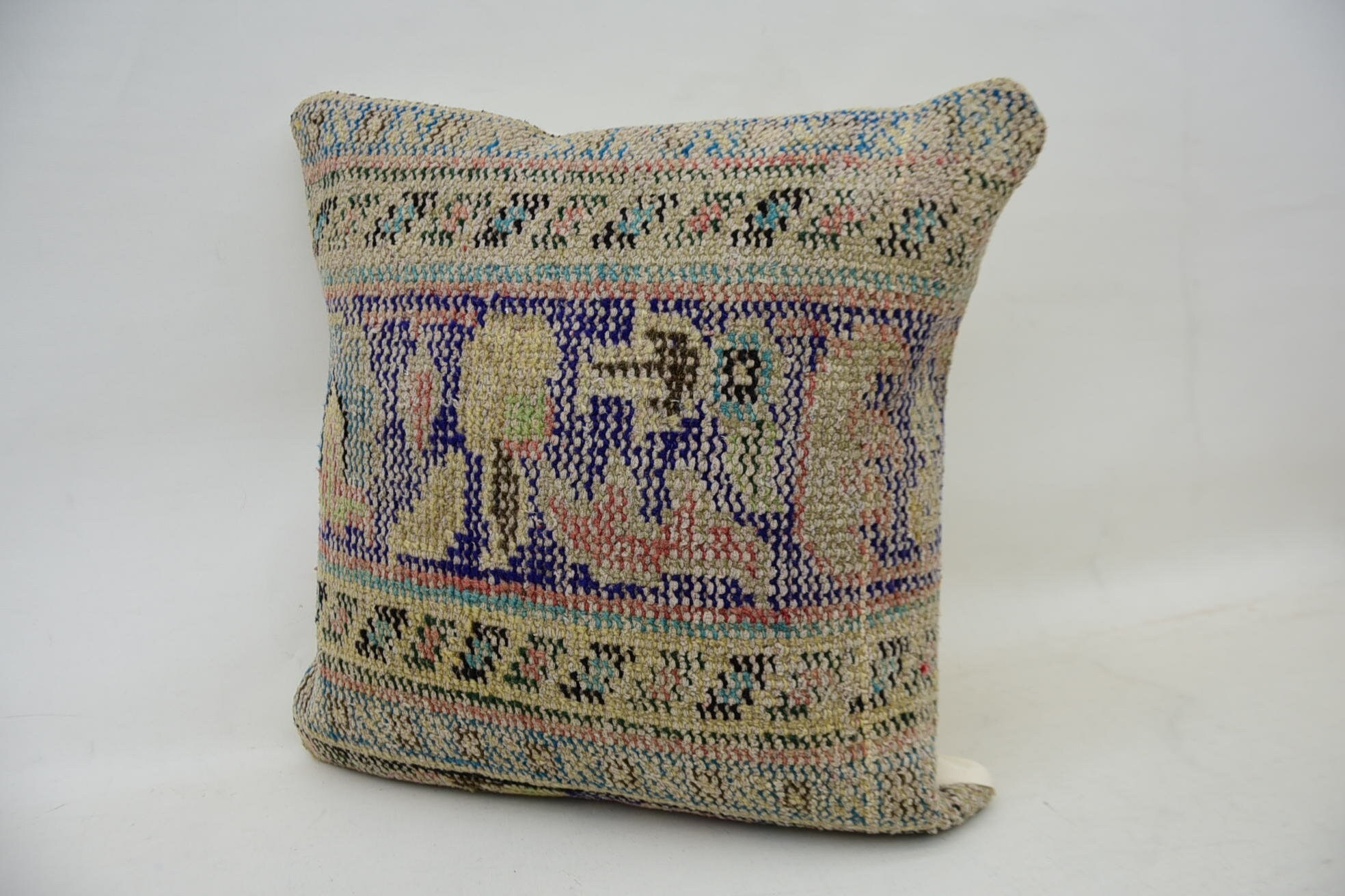 Boho Pillow Sham Cover, Turkish Kilim Pillow, Turkish Pillow, 18"x18" Blue Cushion Case, Southwestern Pillow Cover