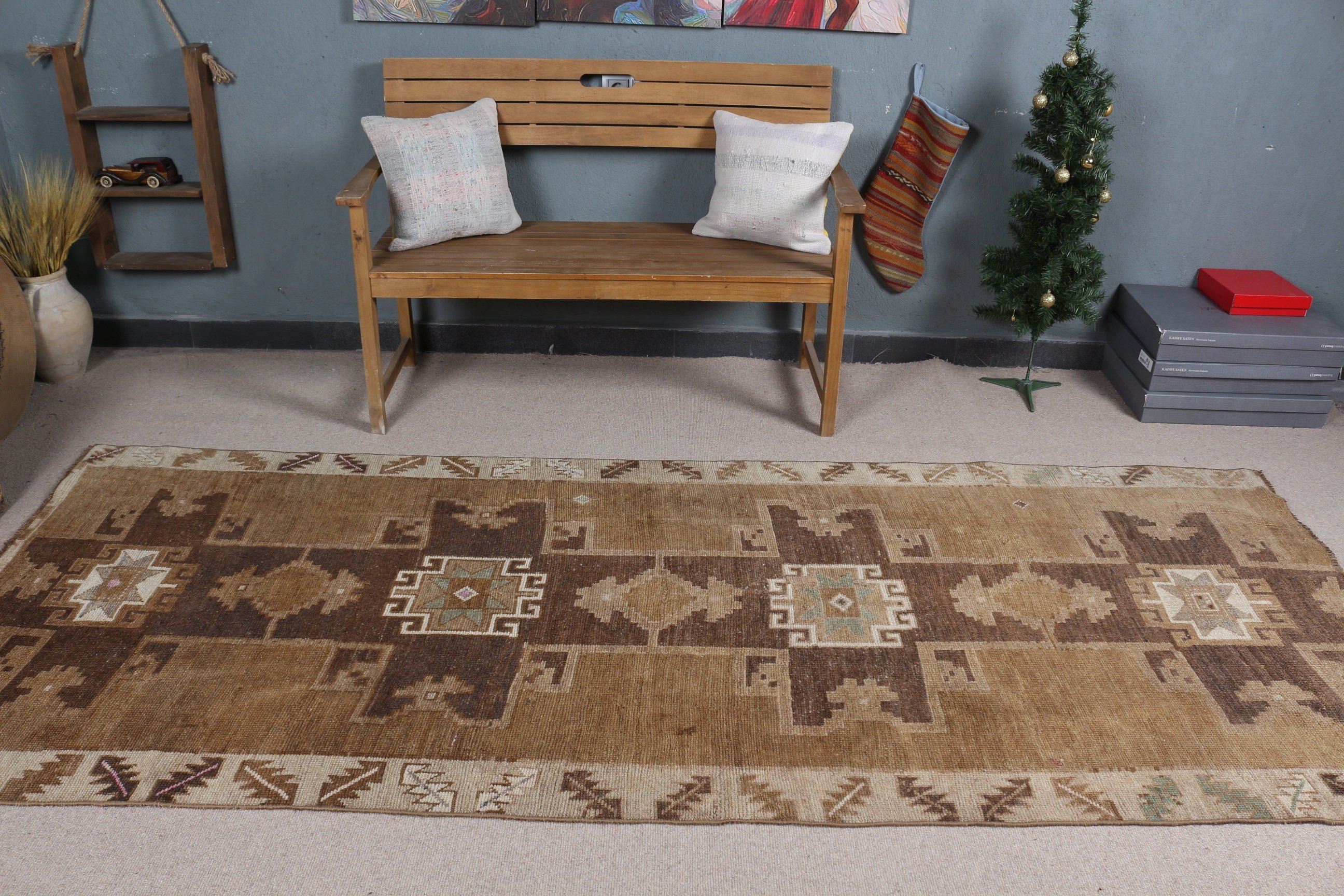 Vintage Rug, Living Room Rug, Turkish Rug, Anatolian Rug, 4.1x10 ft Large Rug, Boho Rug, Brown Floor Rugs, Dining Room Rugs, Oriental Rugs