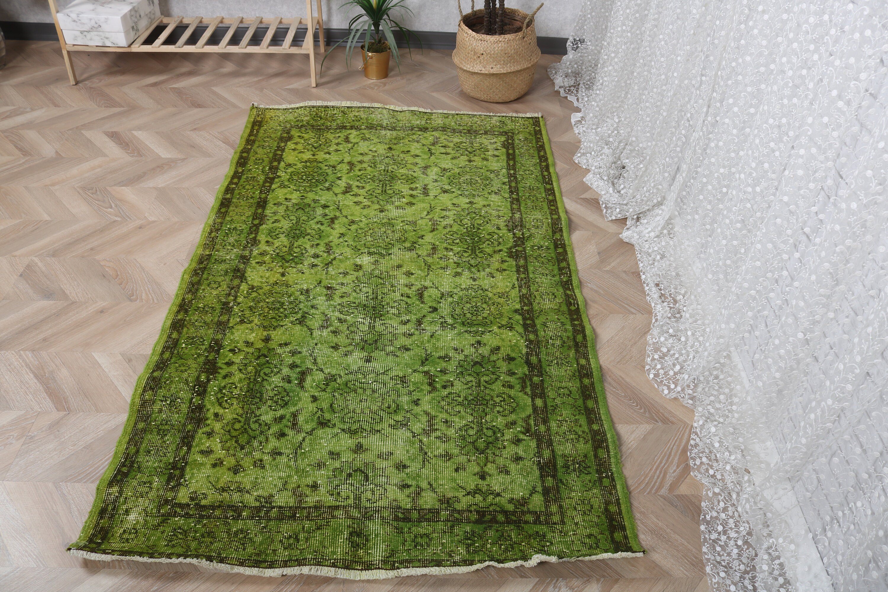 Türk Halıları, 3,7x6,2 ft Aksan Halıları, Yeşil Boho Halı, Yatak Odası Halıları, Dekoratif Halılar, Vintage Halılar, Vurgu Halıları, Açıklama Halısı