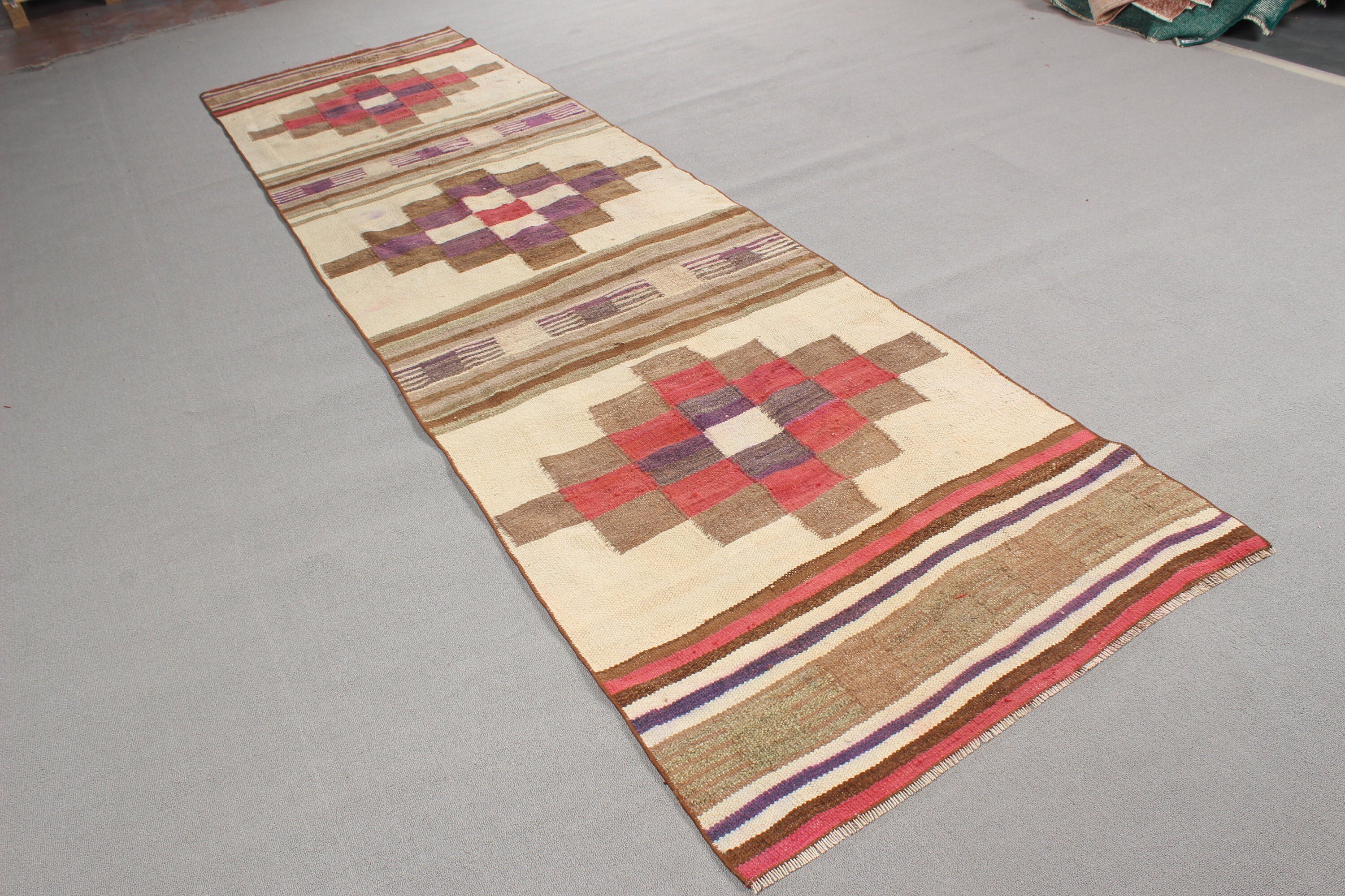 Lüks Halılar, Bej El Dokuma Halılar, Düz Dokuma Halı, 3,2x12,6 ft Runner Halı, Vintage Halı, Türk Halısı, Kilim, Koridor Halıları, El Dokuma Halılar