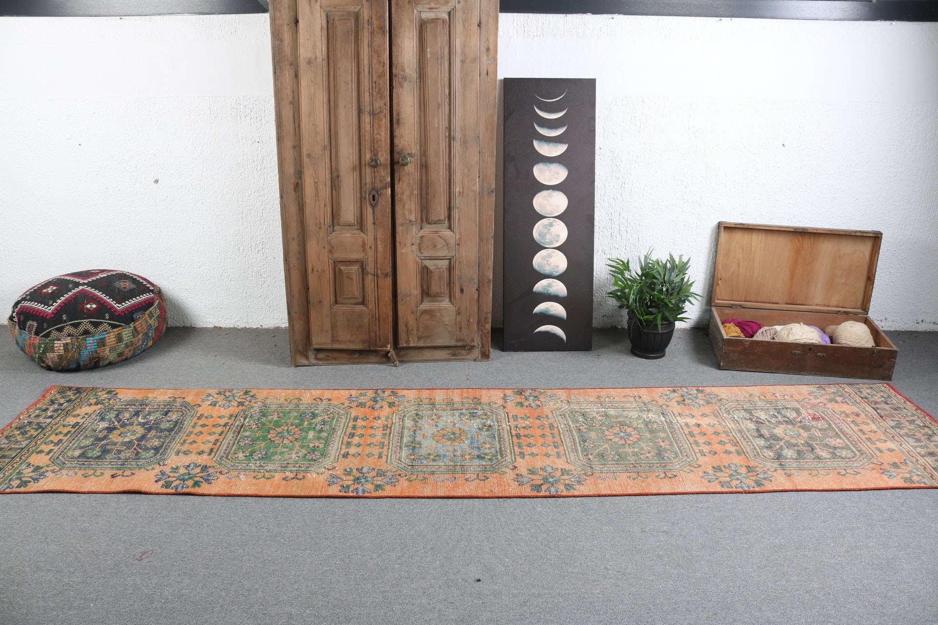 Mutfak Halıları, 2,5x11,6 ft Runner Halıları, Vintage Runner Halıları, Turuncu Havalı Halılar, Türk Halıları, Oushak Halısı, Vintage Halılar, Boho Halıları