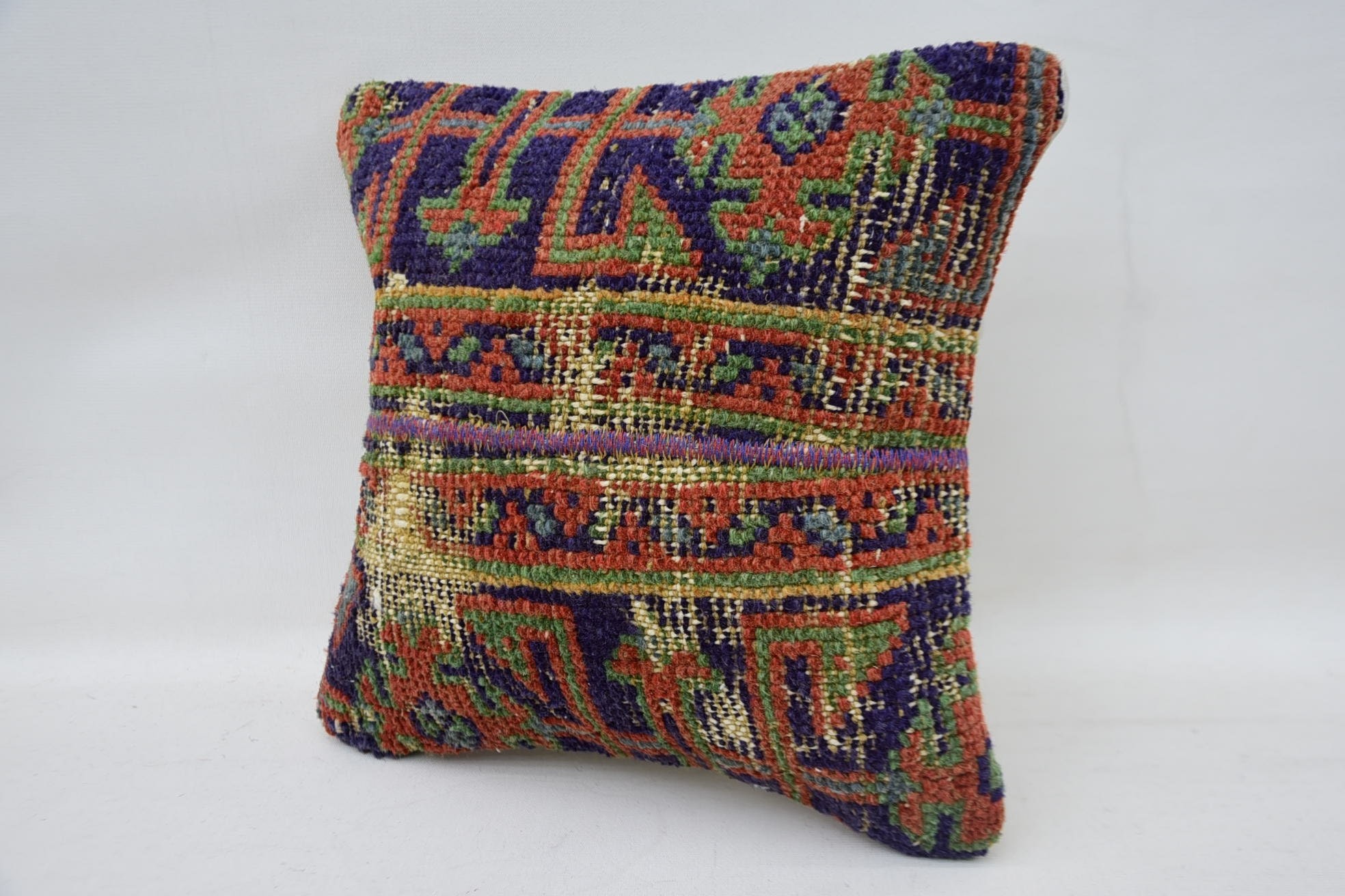 12"x12" Blue Pillow Cover, Handmade Rug Seat Pillow Case, Interior Designer Pillow, Boho Pillow, Turkish Kilim Pillow