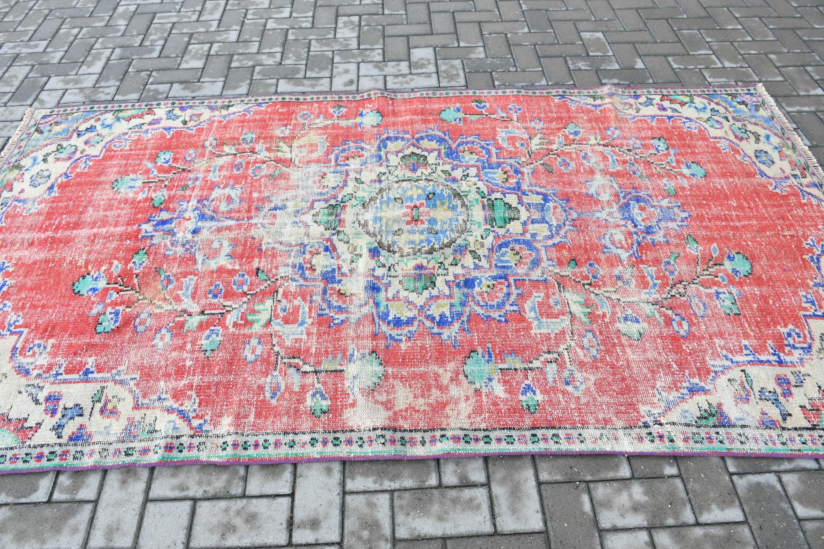 Yün Halı, Yatak Odası Halıları, Mutfak Halısı, Kırmızı Oushak Halısı, Yatak Odası Halıları, 4,7x8,5 ft Alan Halısı, Vintage Halı, Türk Halısı, Yer Halısı, Soluk Halı