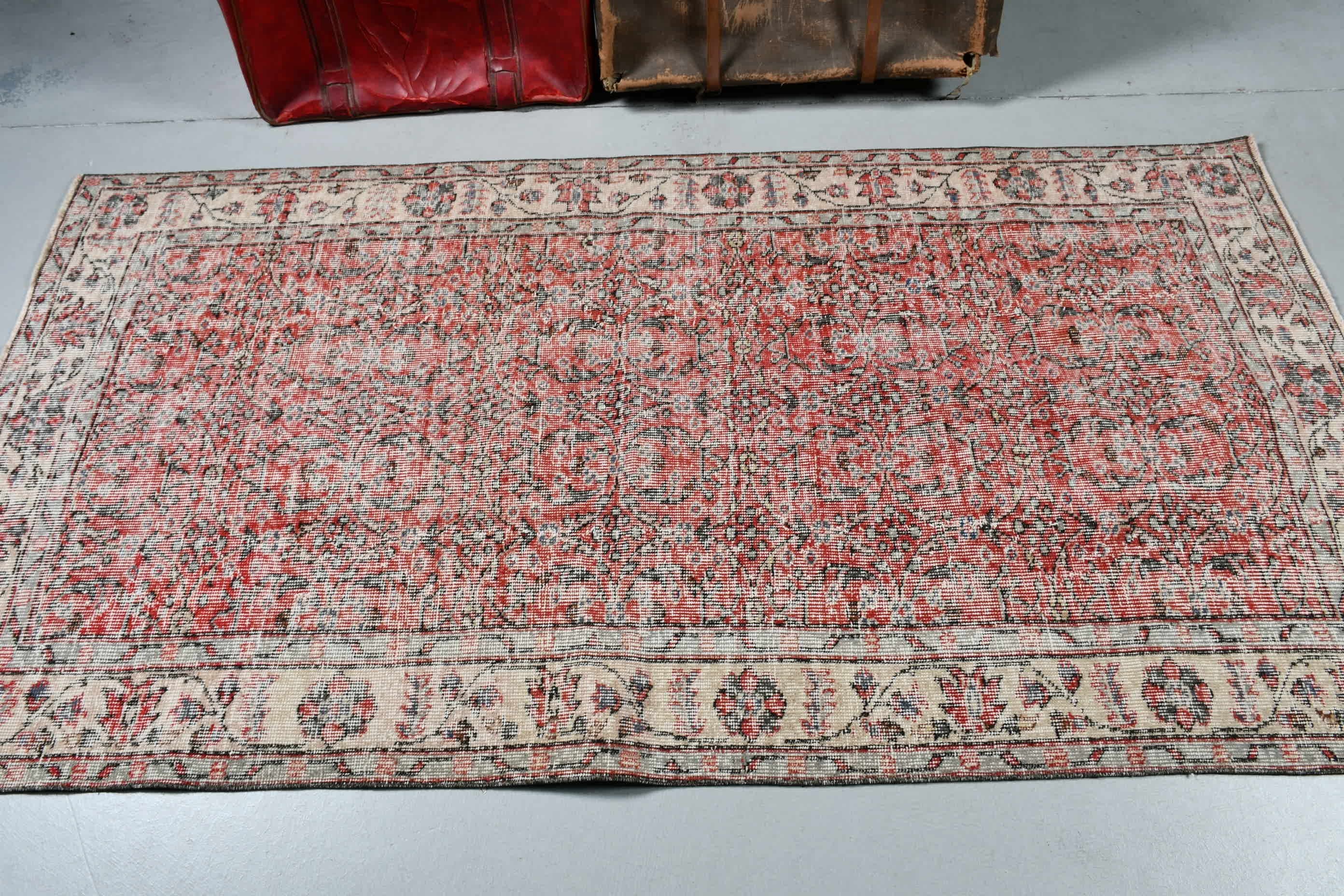 Floor Rug, Turkish Rug, Vintage Rug, Wool Rug, Vintage Decor Rugs, Red Home Decor Rug, Rugs for Kitchen, 3.7x7 ft Area Rug