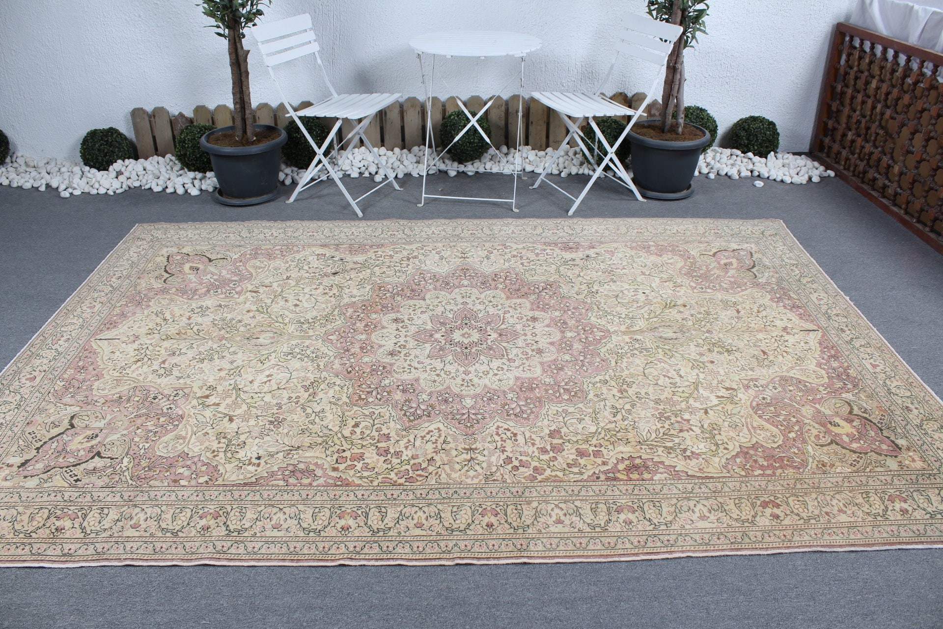 Büyük Vintage Halı, Mutfak Halıları, Bej El Dokuma Halılar, Vintage Halı, 6.6x9.7 ft Büyük Halılar, Türk Halısı, Geometrik Halılar, Büyük Boho Halılar