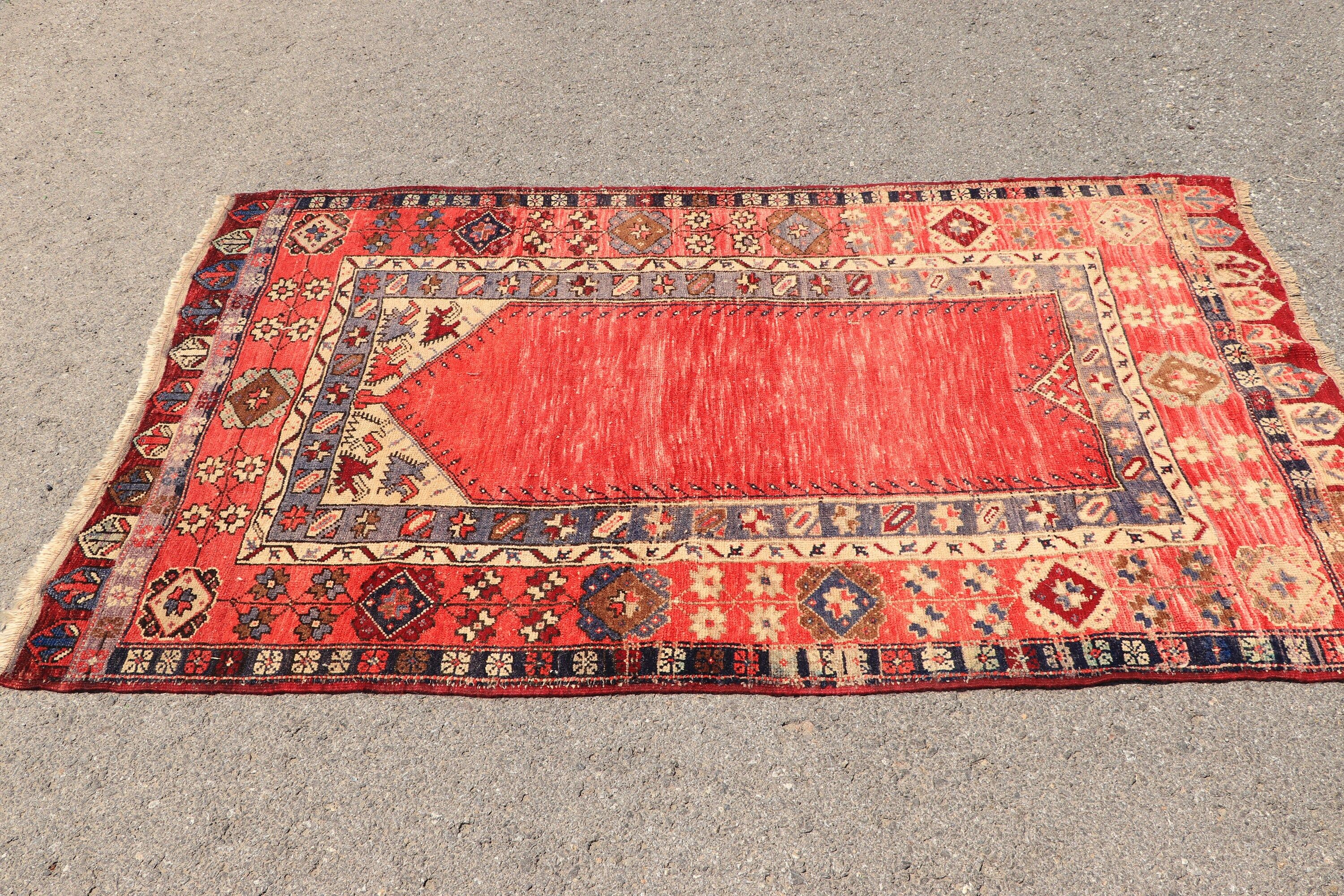 Vintage Rugs, Oushak Rug, Turkish Rug, Art Rug, 4x6.2 ft Area Rugs, Floor Rugs, Kitchen Rugs, Rugs for Kitchen, Red Anatolian Rugs