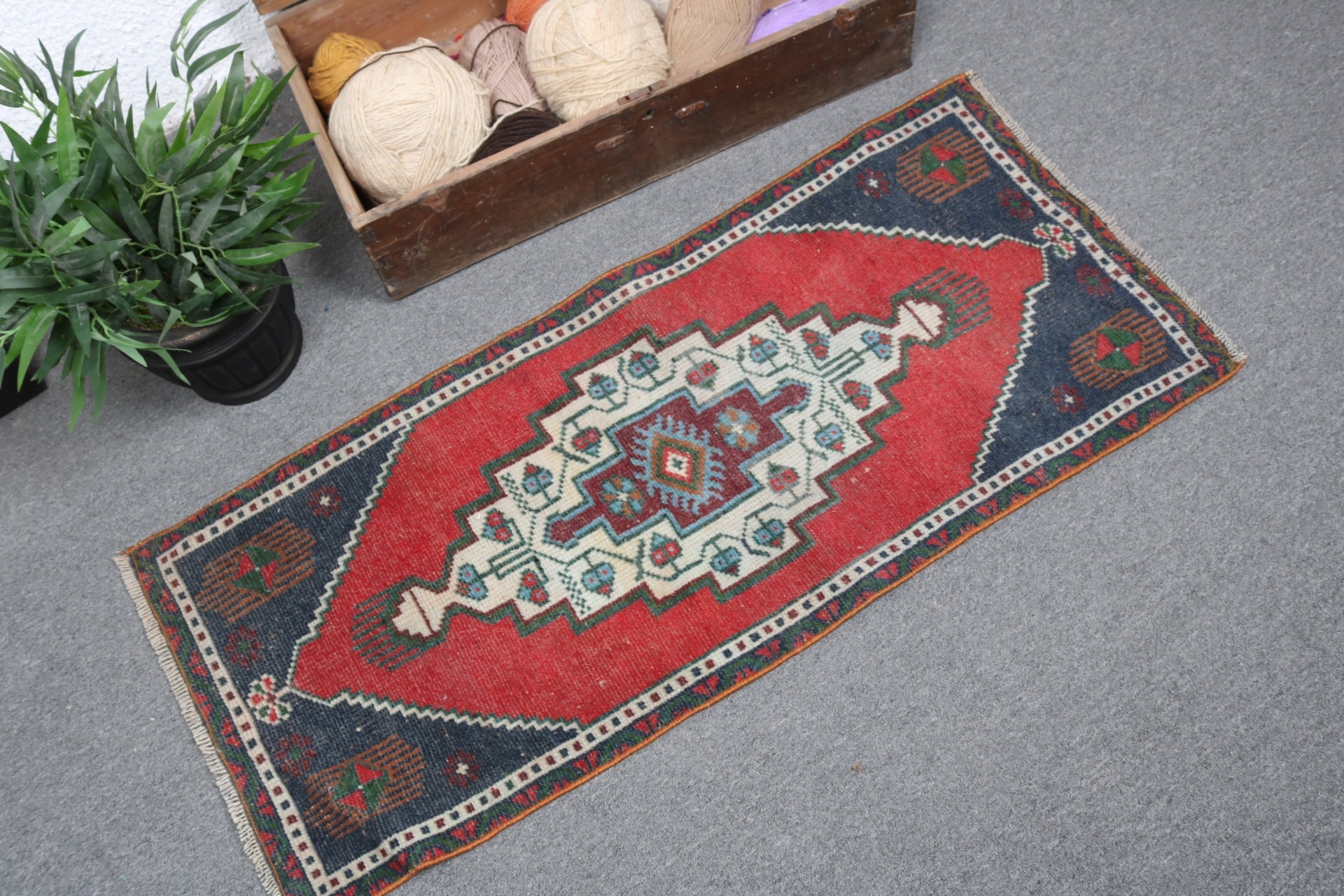 1.6x3.8 ft Small Rugs, Vintage Rug, Antique Rug, Turkish Rug, Kitchen Rug, Geometric Rug, Bathroom Rug, Red Handwoven Rugs, Boho Rug