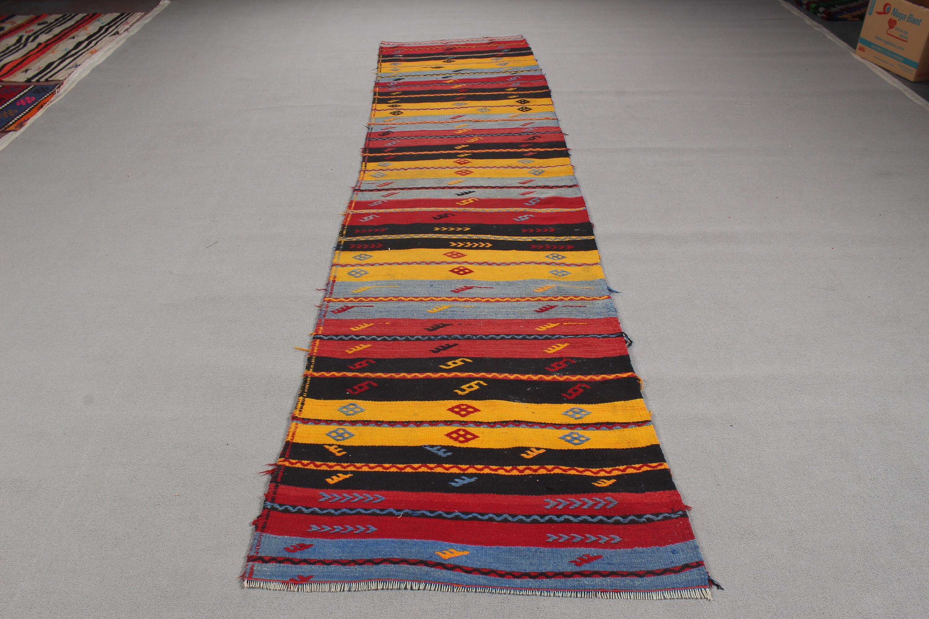 Türkiye Halıları, 2.9x11.4 ft Runner Halı, Vintage Halı, Uzun Yolluk Halıları, Mutfak Halısı, Geometrik Halı, Kilim, Türk Halıları, Sarı Boho Halı