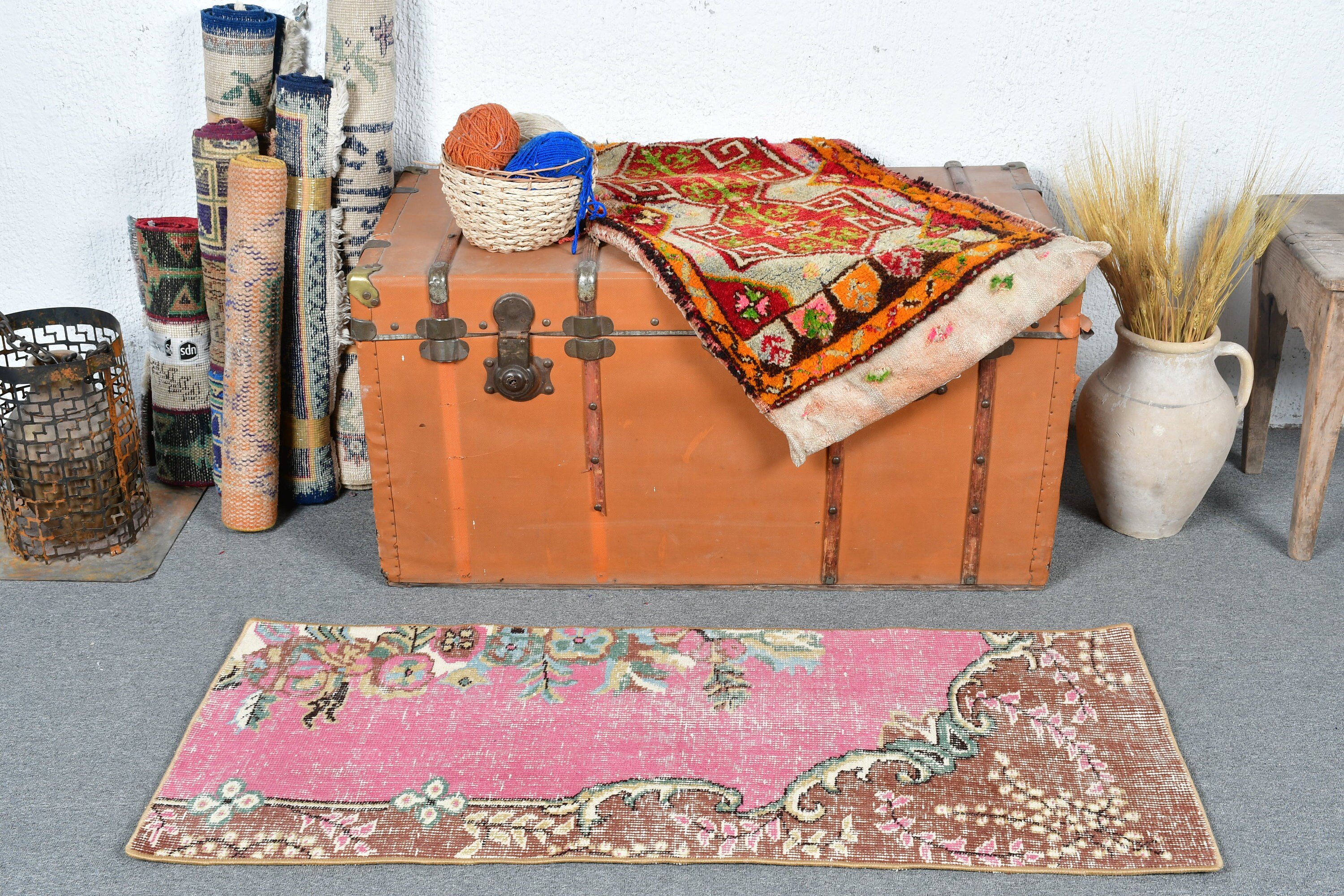 Bedroom Rug, Turkish Rug, Pink Cool Rug, Floor Rugs, Moroccan Rug, Vintage Rugs, Door Mat Rug, 1.6x4.1 ft Small Rug, Old Rug, Rugs for Bath