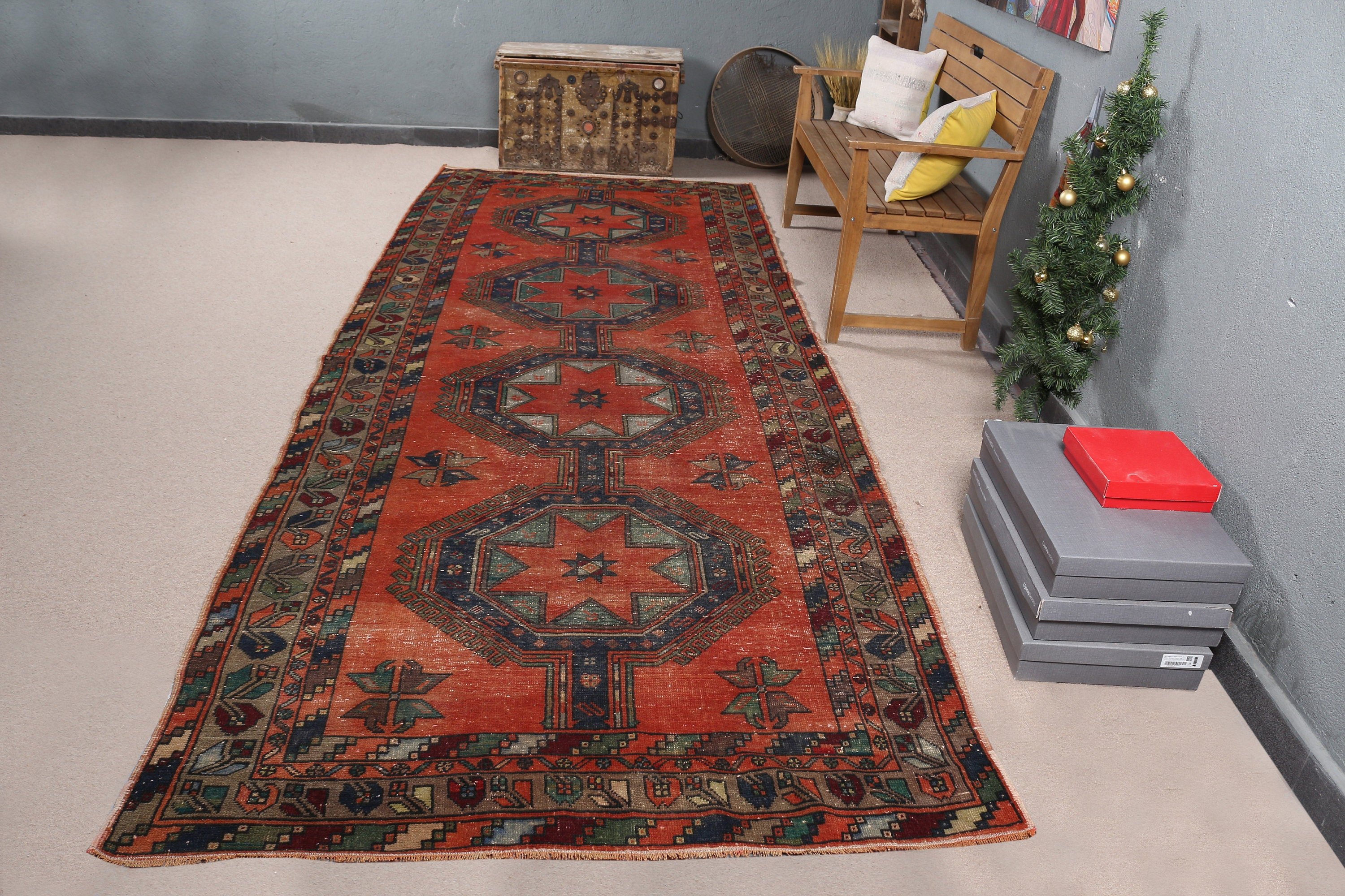 Vintage Halı, Merdiven Halısı, Türk Halıları, Mutfak Halıları, Ev Dekorasyonu Halıları, Kırmızı Anadolu Halısı, Özel Halı, Mutfak Halısı, 4.8x12.8 ft Runner Halısı