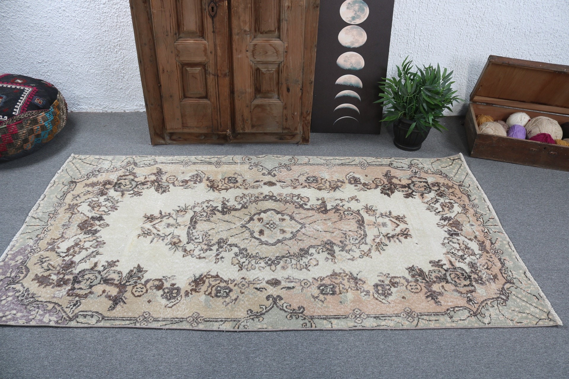 Vintage Rug, Turkish Rugs, Indoor Rug, Bedroom Rug, Home Decor Rug, 3.6x6.9 ft Area Rug, Beige Handwoven Rugs, Kitchen Rug, Rugs for Floor