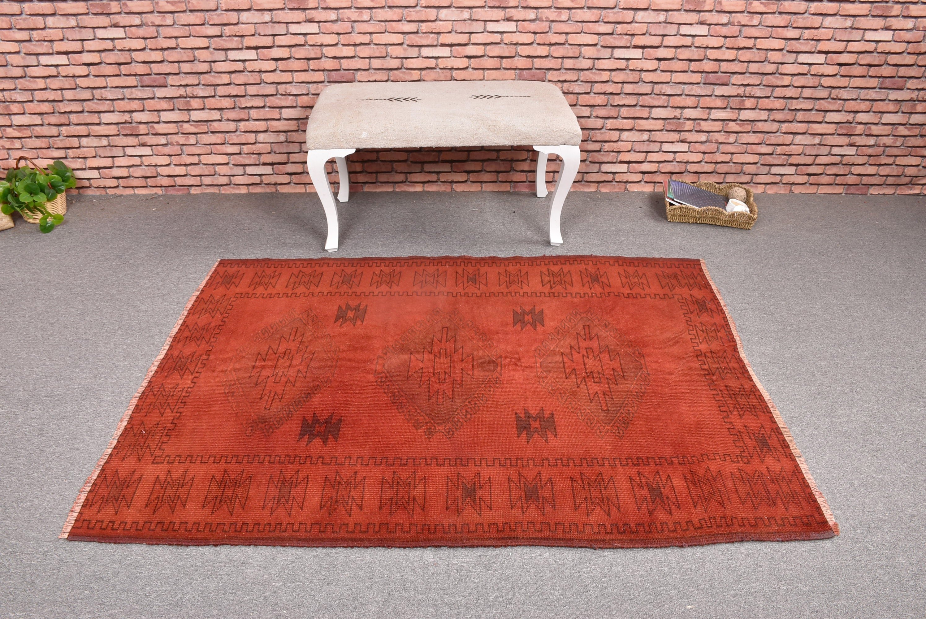 Boho Halı, Türk Halısı, Vintage Halılar, Turuncu 4.1x5.6 ft Vurgulu Halı, Nötr Halılar, Vintage Vurgulu Halı, Dekoratif Halılar