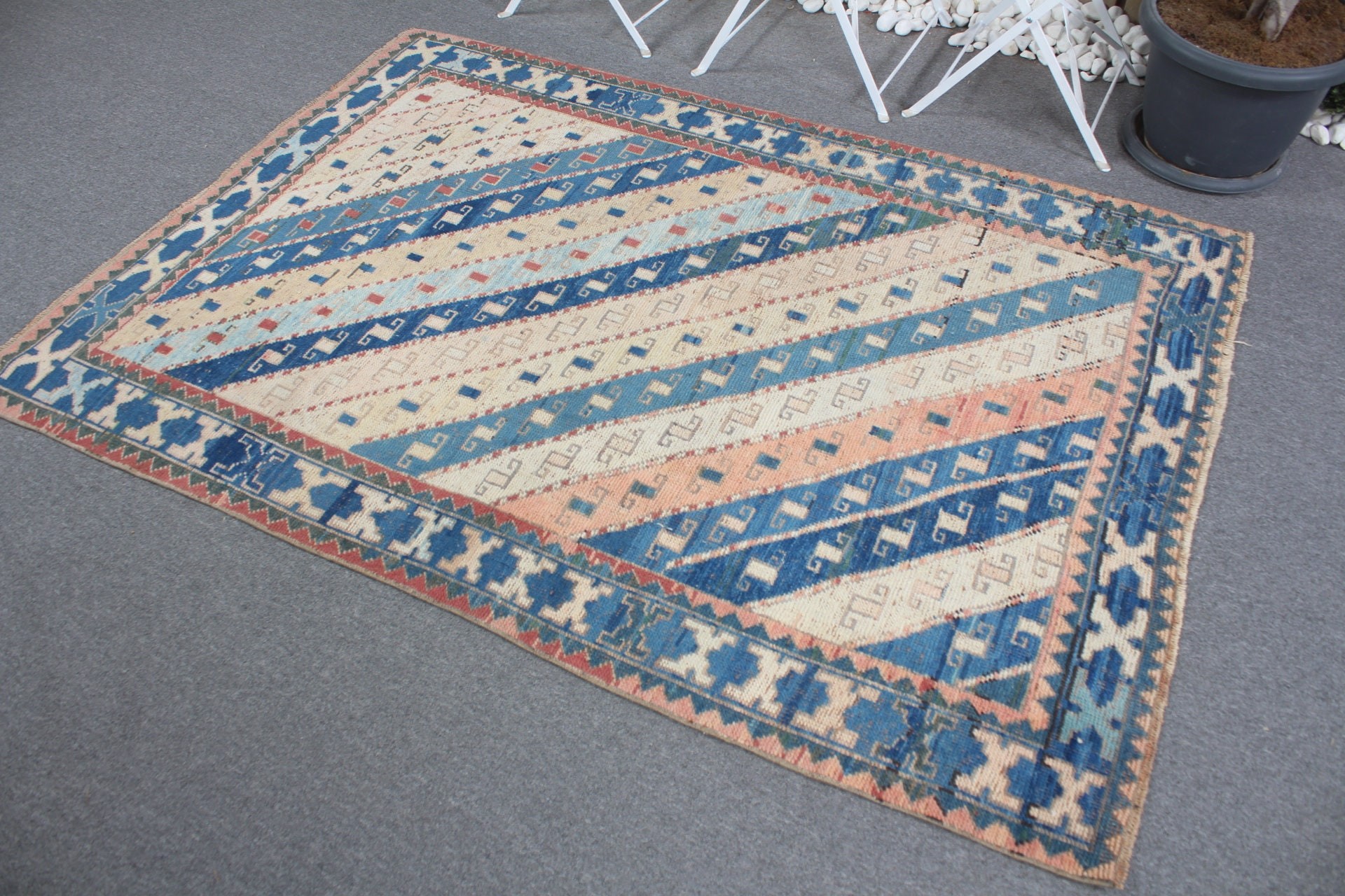 Oushak Rugs, Blue Kitchen Rug, Vintage Rug, Rugs for Dining Room, Dining Room Rugs, 4.4x6.3 ft Area Rug, Antique Rugs, Turkish Rugs